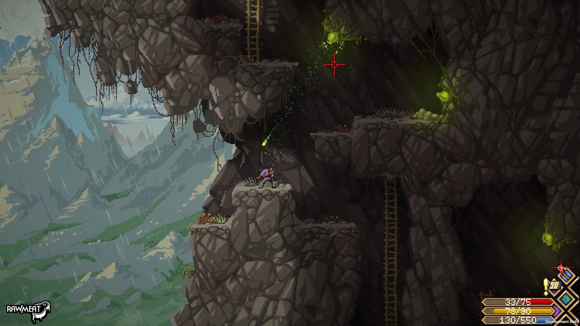 Scribe RPG: Archer aims at glowing green target on cliffside ledges with ladders in dark cave ravine.