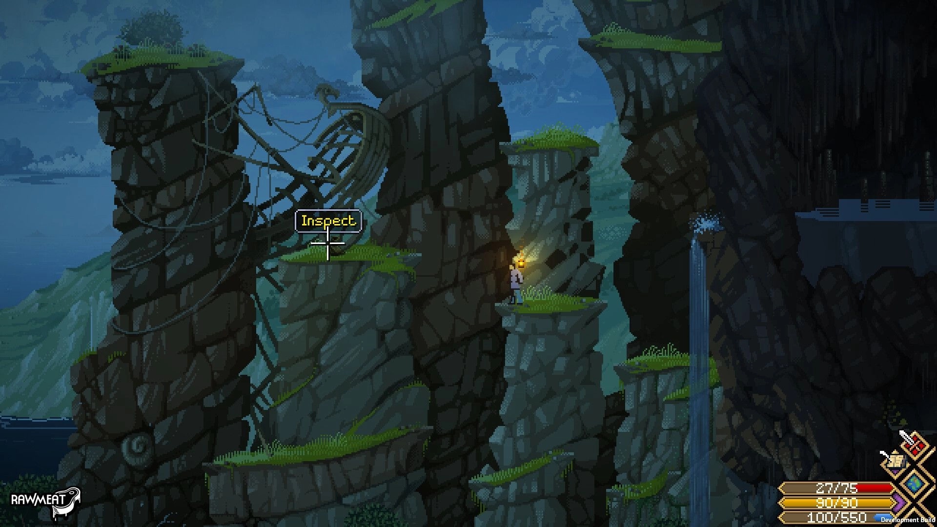 Scribe RPG: Cursor on Inspect prompt by a shipwreck on cliff ledges beside a waterfall at dusk.