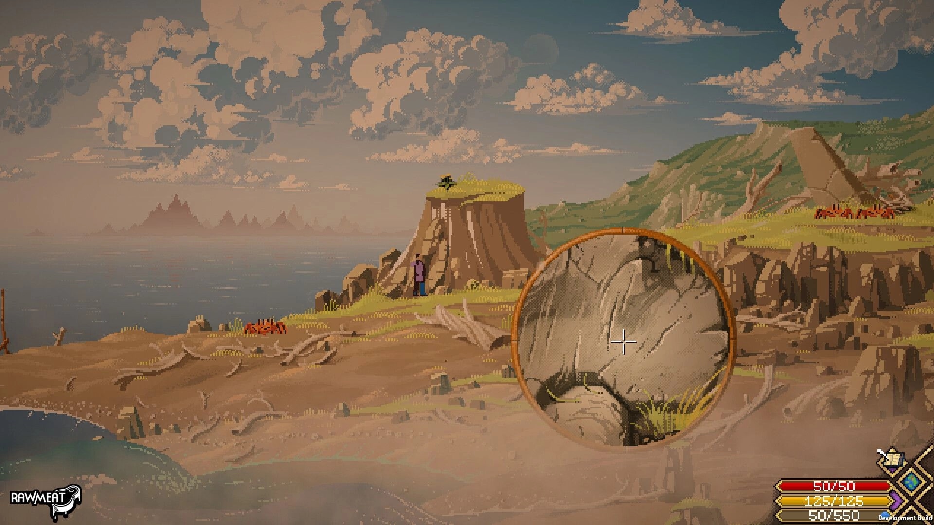 Scribe RPG: Player aims a circular zoom lens reticle at cliff rocks on a coastal plateau at dusk.