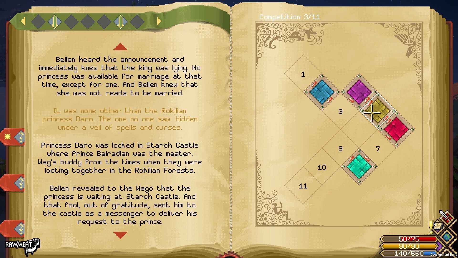 Scribe RPG: Storybook quest text beside a numbered tile puzzle with colored squares on parchment pages.