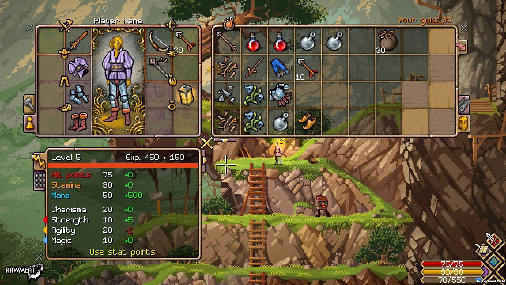 Scribe RPG: Inventory and stats screen with equipped gear and potions over a rocky cliff path.