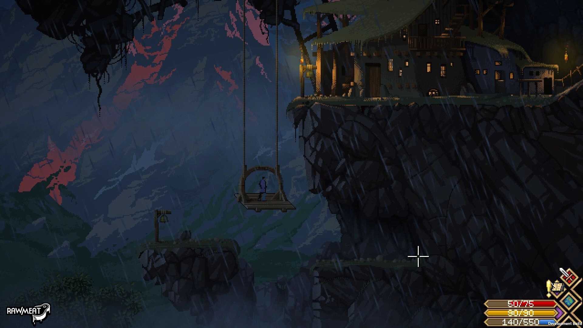 Scribe RPG: Player rides a hanging lift in heavy rain beside lantern-lit cliffside houses at night.