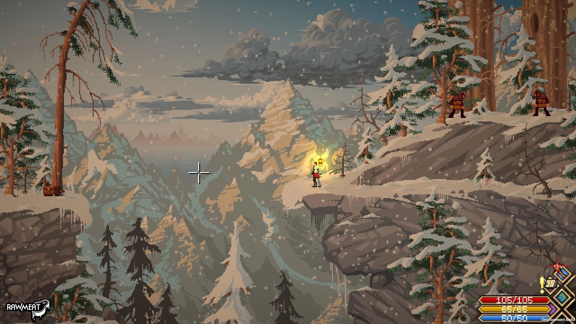 Scribe RPG: Adventurer holding a glowing torch on snowy cliffside with crosshair and health bars UI.