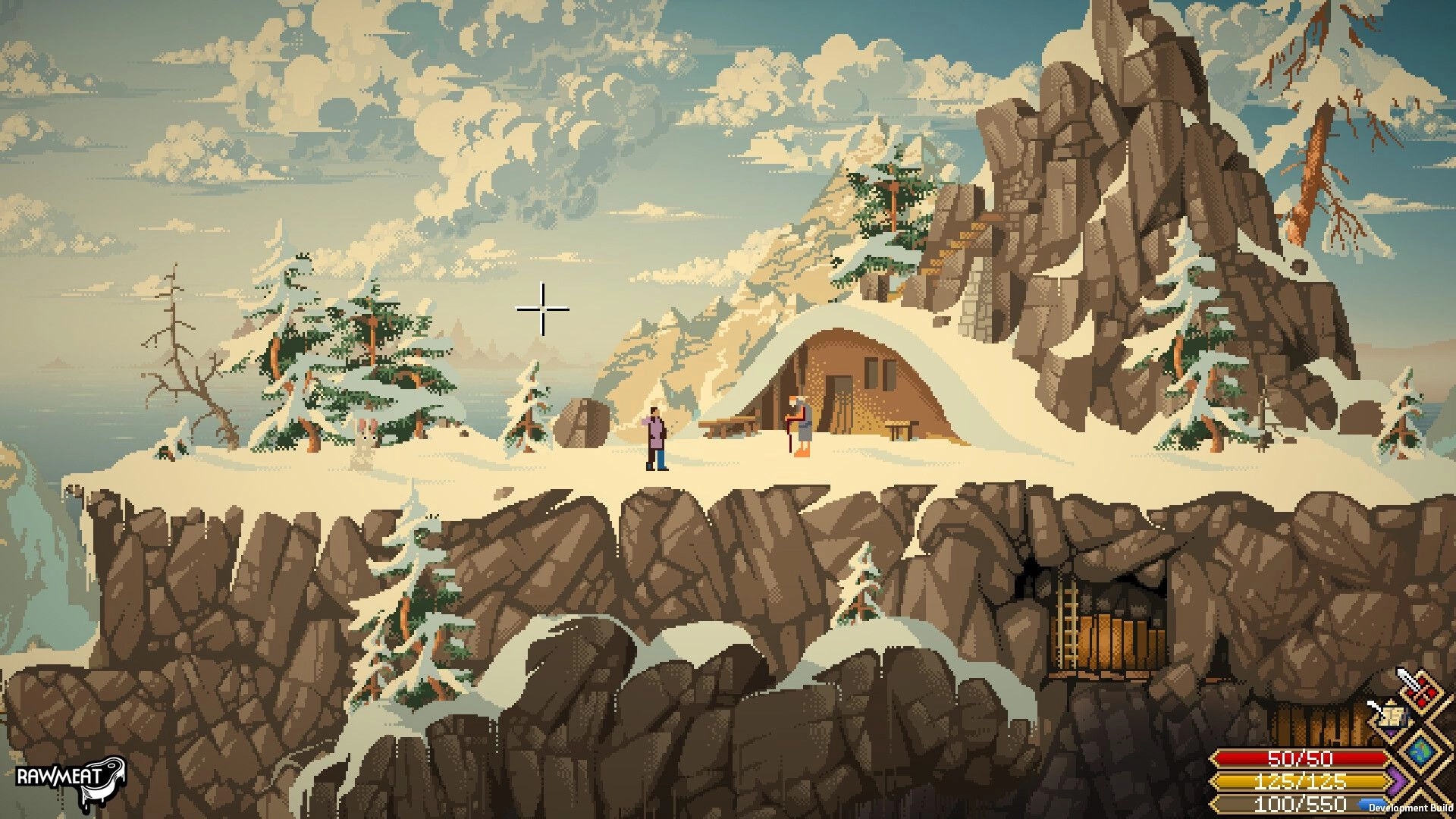Scribe RPG: Two adventurers stand by a snowy cliff hut with crosshair and health bars in mountains.