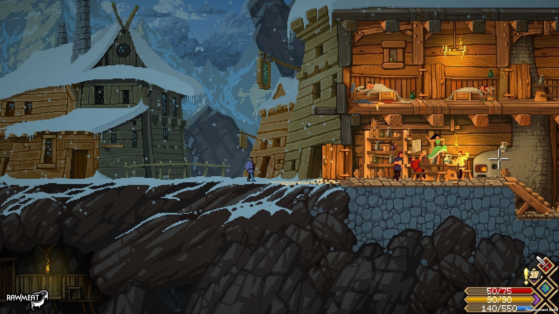 Scribe RPG: Crosshair aiming inside a cutaway tavern as NPCs sit by a fire in snowy town.