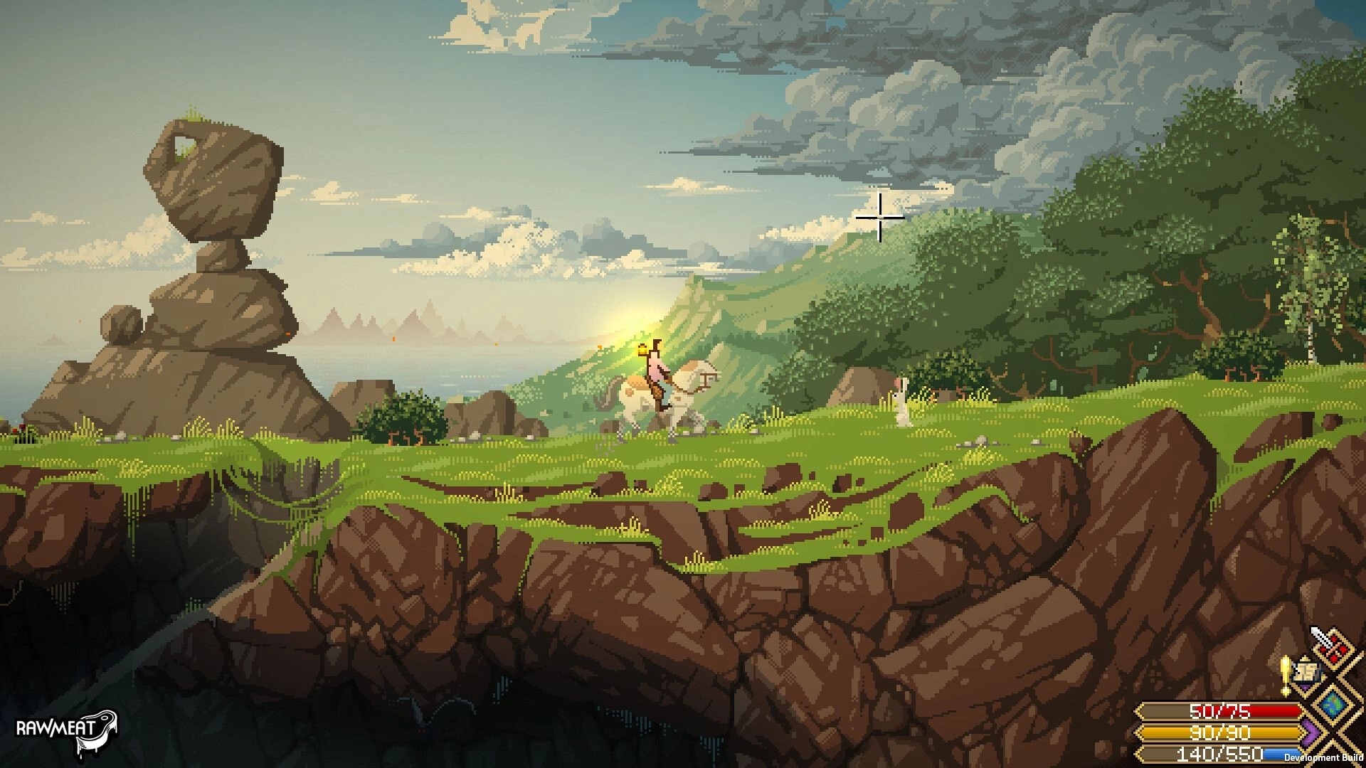 Scribe RPG: Rider on white mount with crosshair and health bars on sunny coastal grasslands.