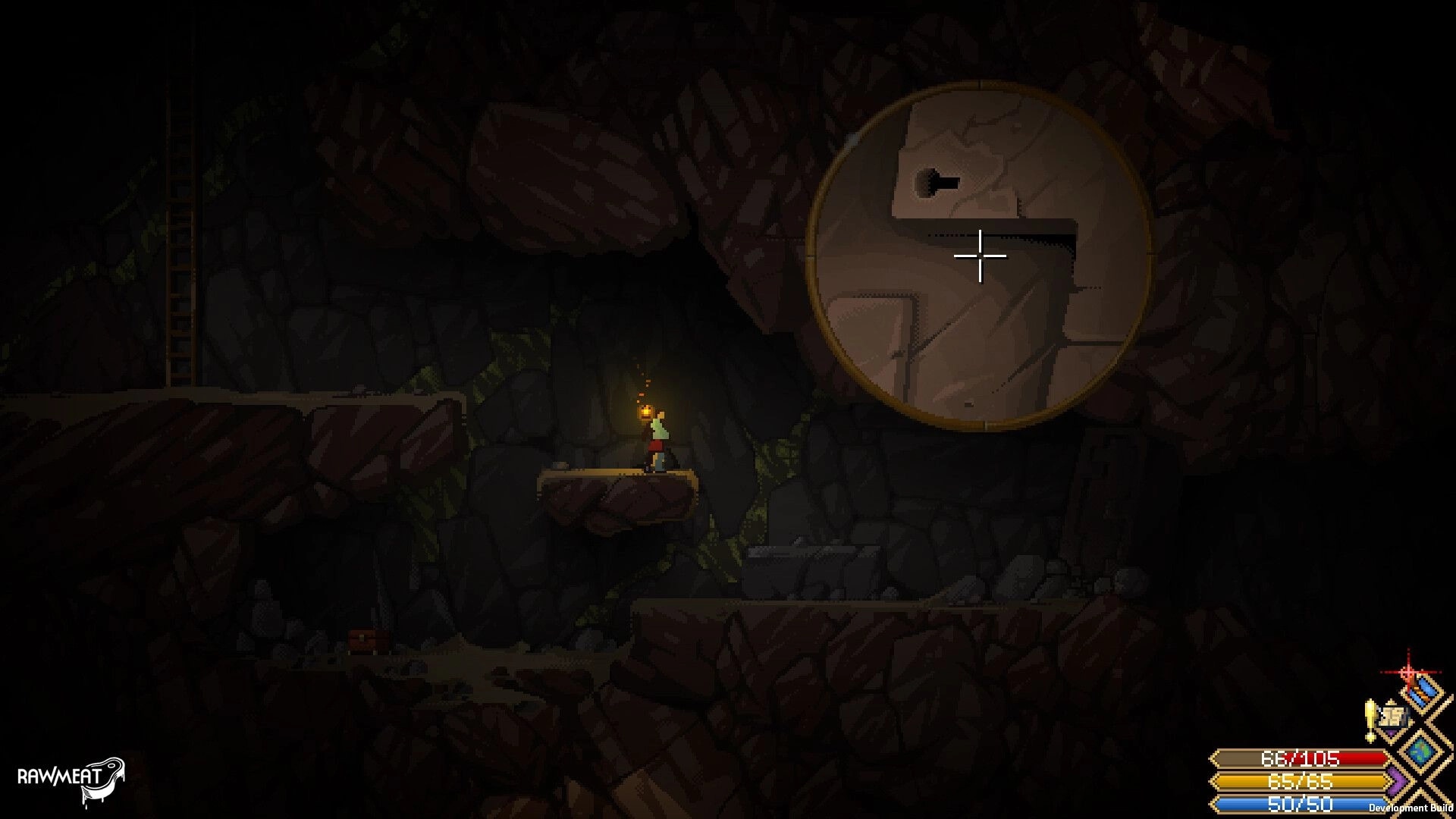 Scribe RPG: Adventurer holding a torch on rocky ledge with minimap and health bars in dark cave.