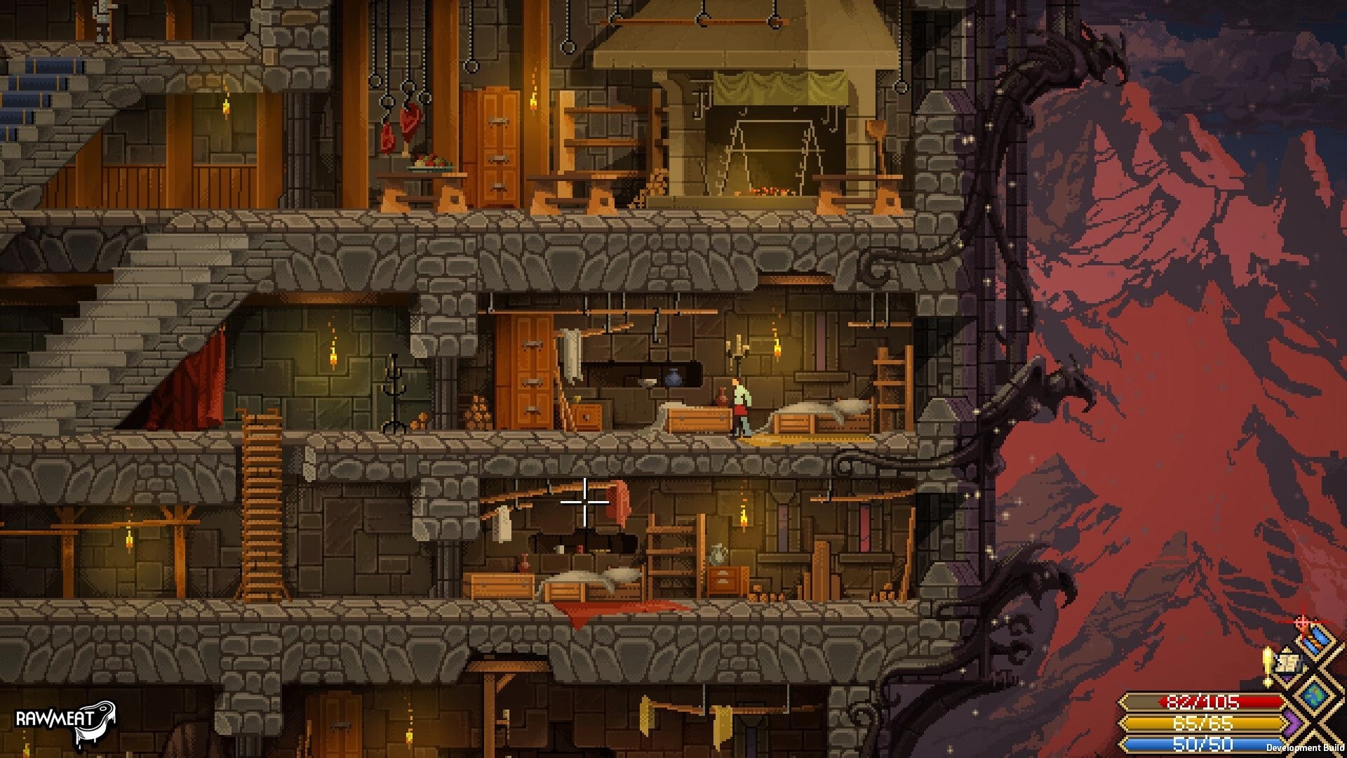 Scribe RPG: Player explores multi-level stone keep interior with beds, ladders, torches and crosshair.