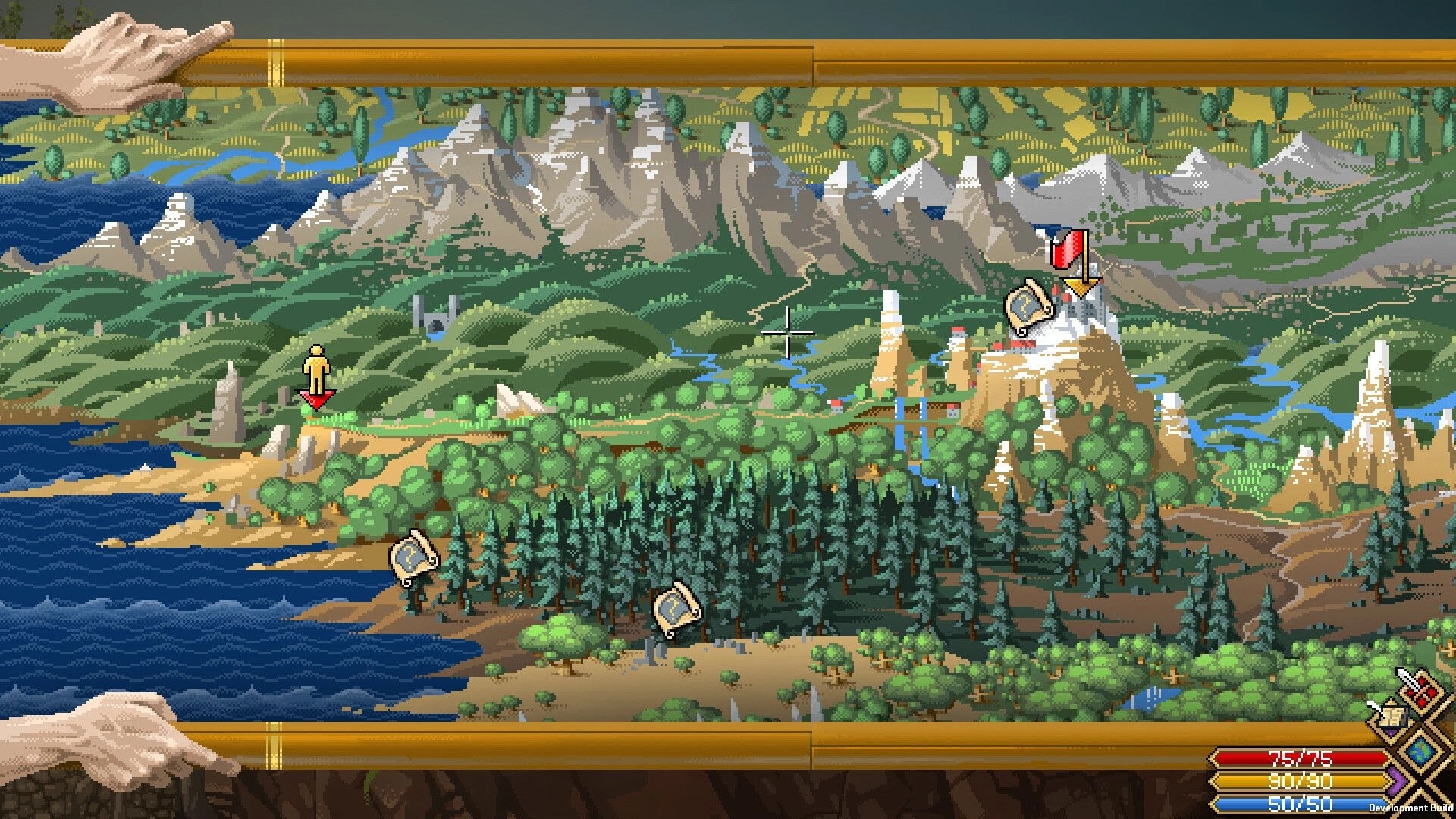 Scribe RPG: World map view with quest markers and cursor over mountains, forests, and coastline.