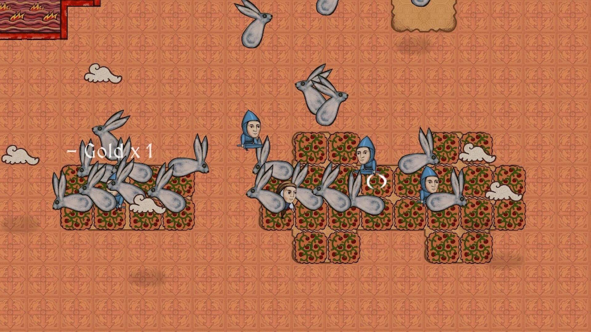 Scribed castle: Monks riding rabbits collect resources on ornate tile floor in medieval monastery setting