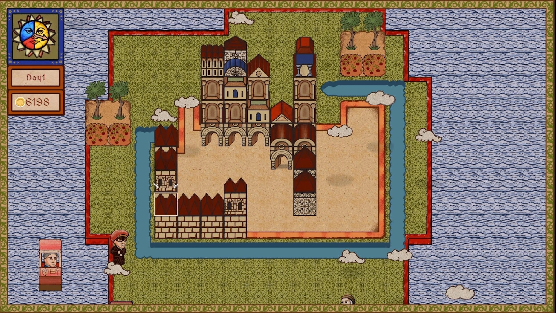 Scribed castle: Medieval village map with castle layout, currency display, and day tracker on the left.