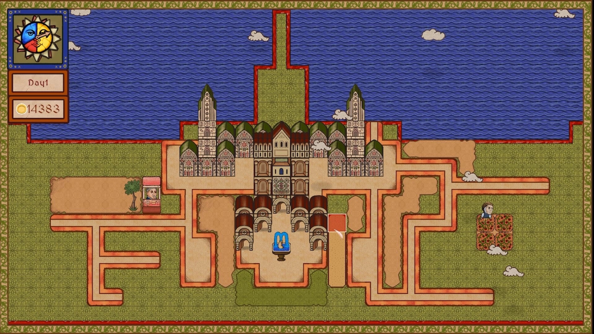 Scribed castle: Village overview with monastery, paths, and resources; day 1 with 14383 coins displayed