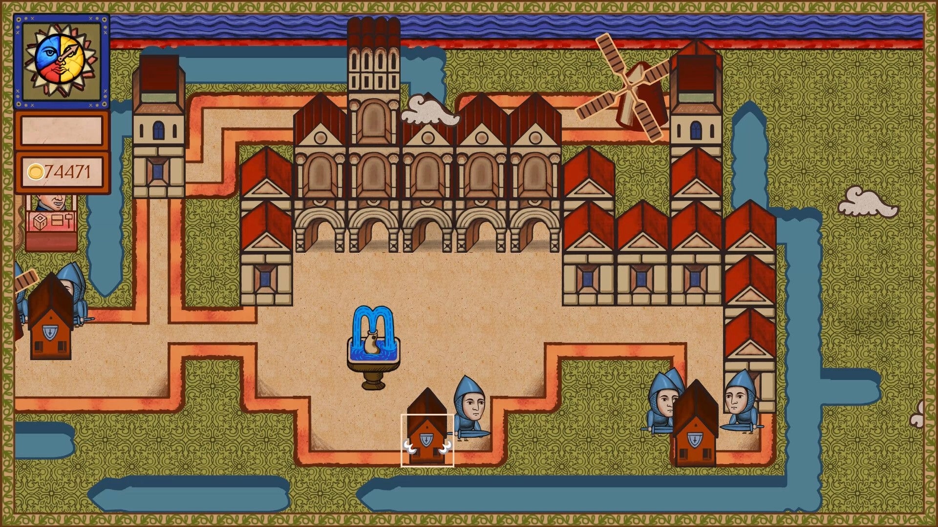 Scribed castle: Medieval village with characters, buildings, windmill, and resource icons surrounding map