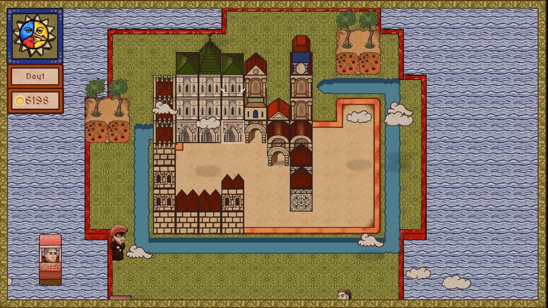 Scribed castle: Overhead view of medieval village with castle, river, and character on boat in corner.