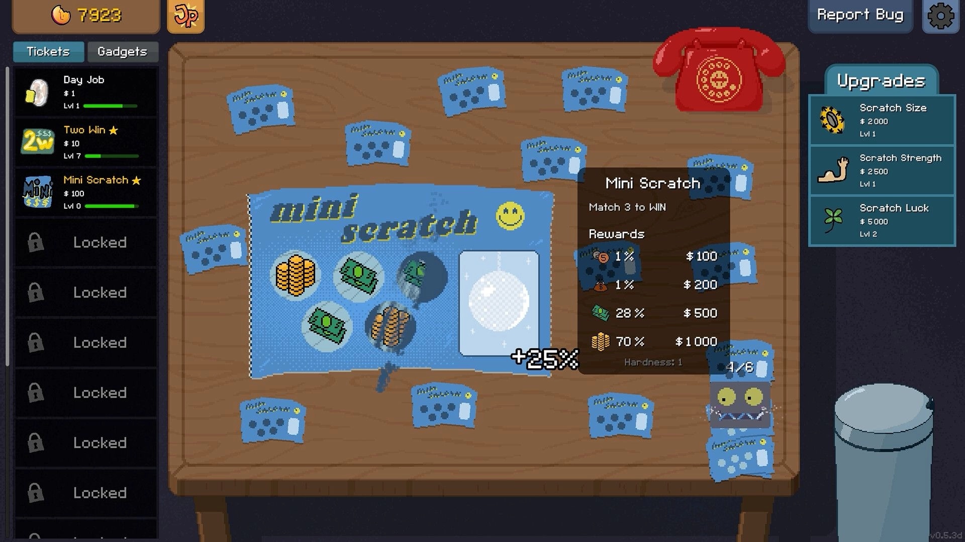 Scritchy Scratchy: Scratch card table with upgrade menu and rewards; tickets scattered on wooden surface.