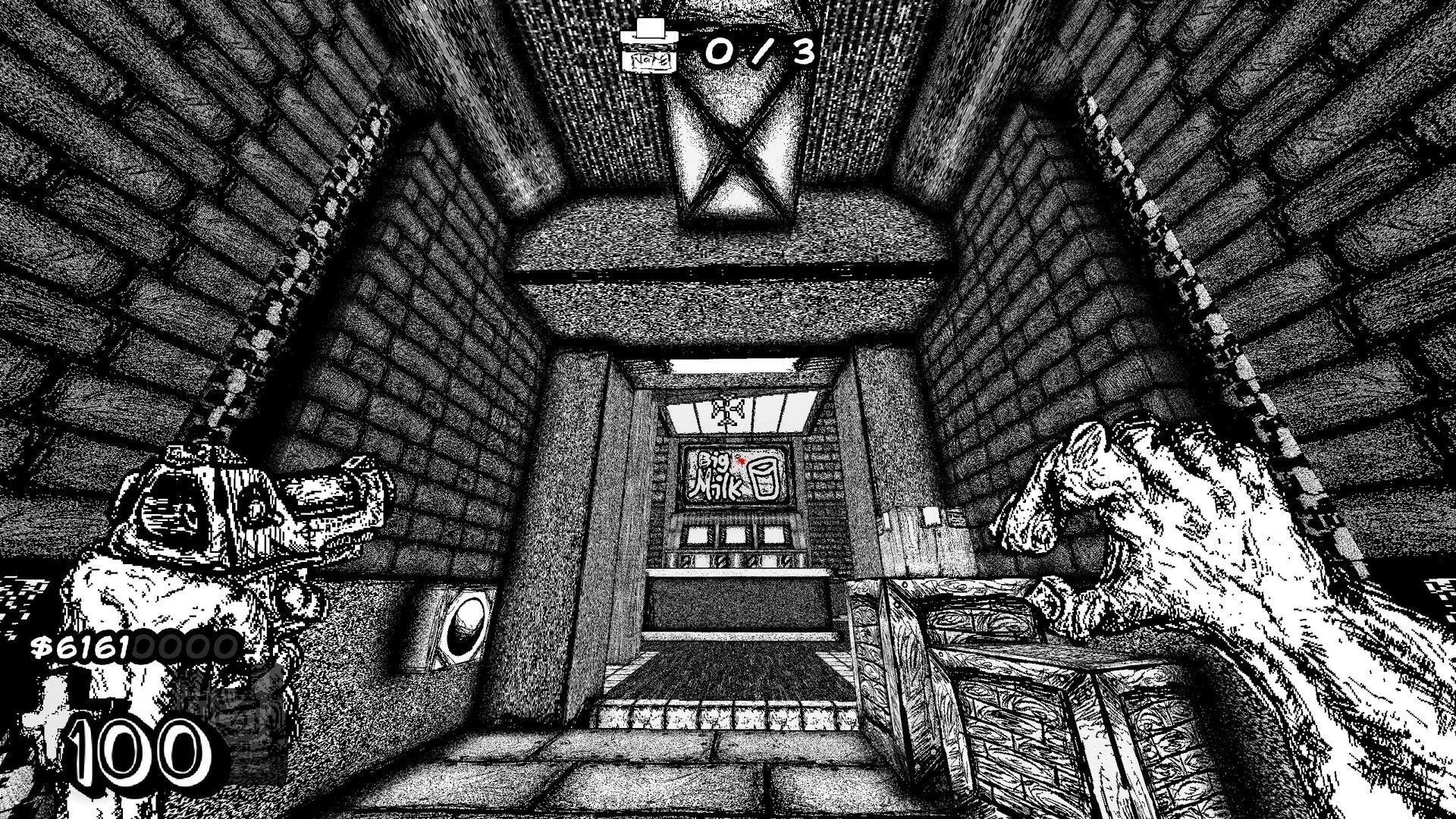 SCROOMAGE: First-person view with gun and fists in brick corridor, Big Milk sign ahead, HUD 0/3 $6161 100.