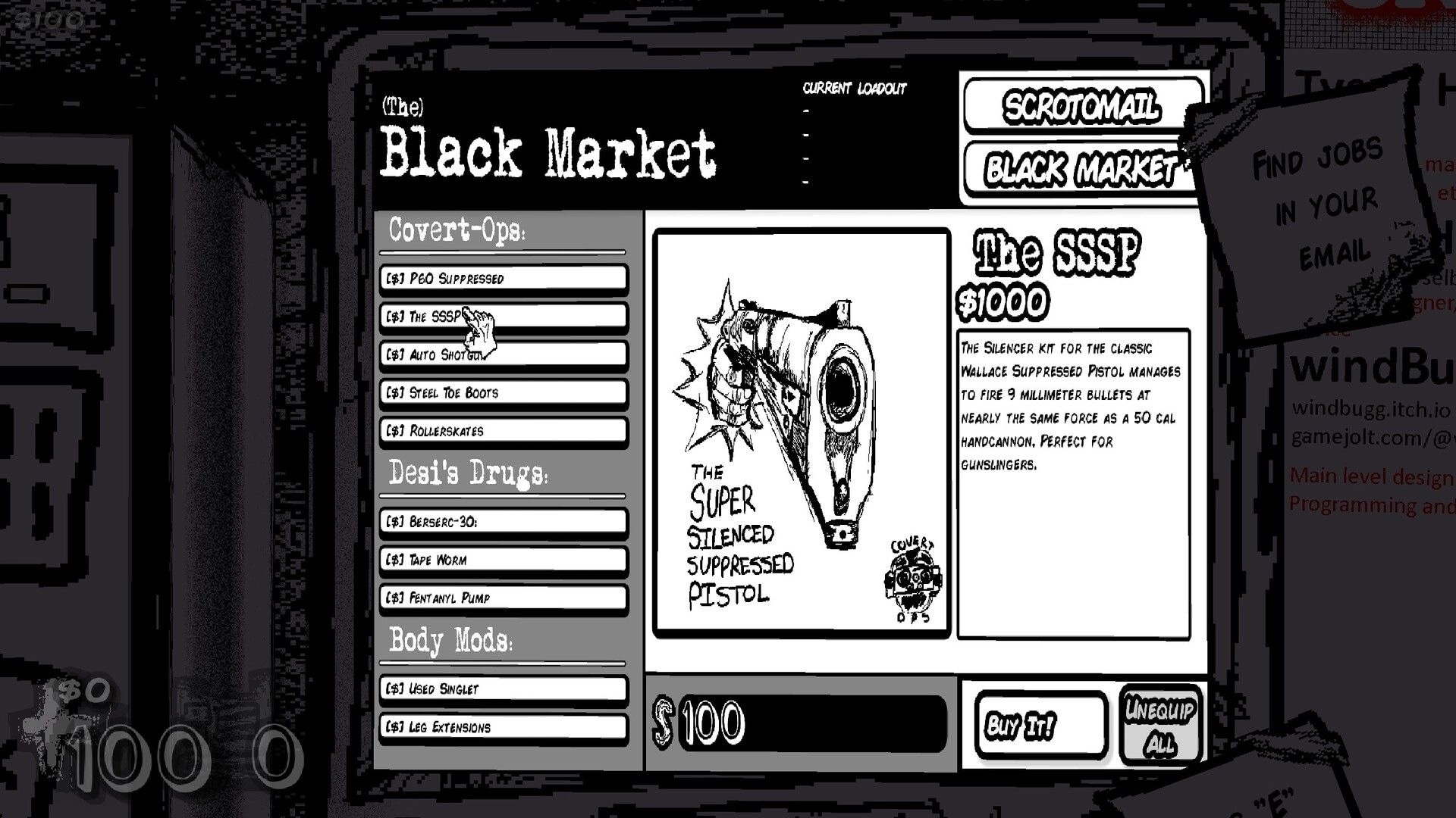 SCROOMAGE: Black Market shop menu highlighting The SSSP silencer kit with buy and unequip buttons.