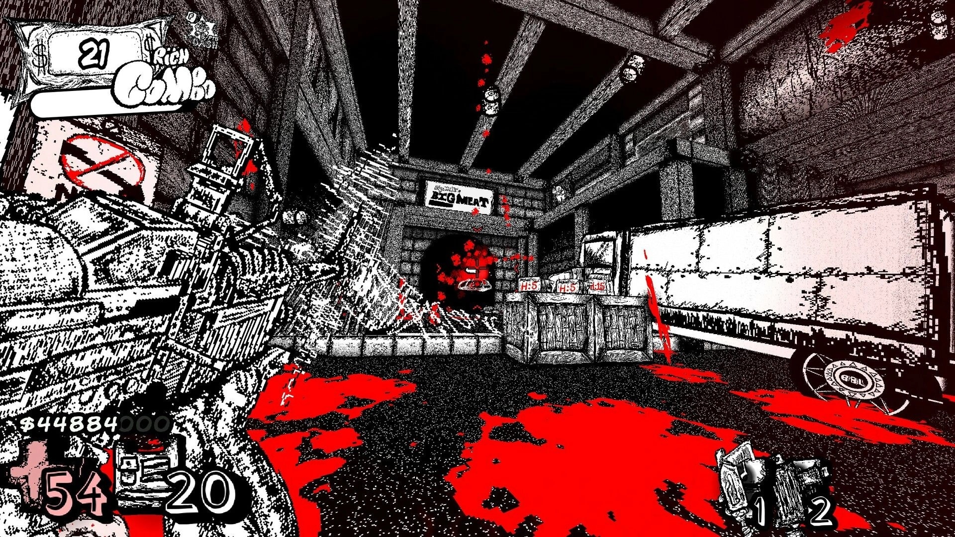 SCROOMAGE: First-person gunfight with combo meter and ammo HUD in a blood-splattered warehouse room.