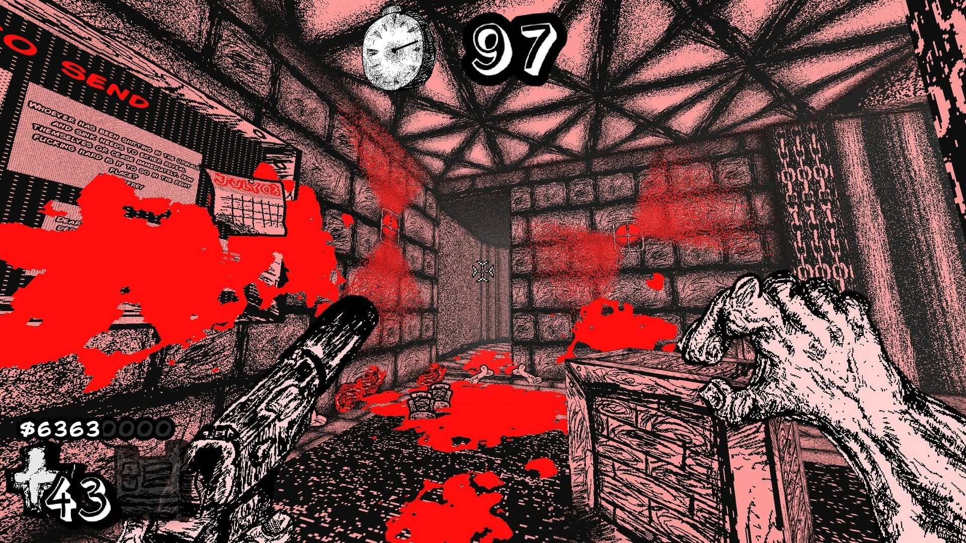 SCROOMAGE: First-person shotgun aiming at a door in a bloody stone room, timer 97 and cash HUD visible.