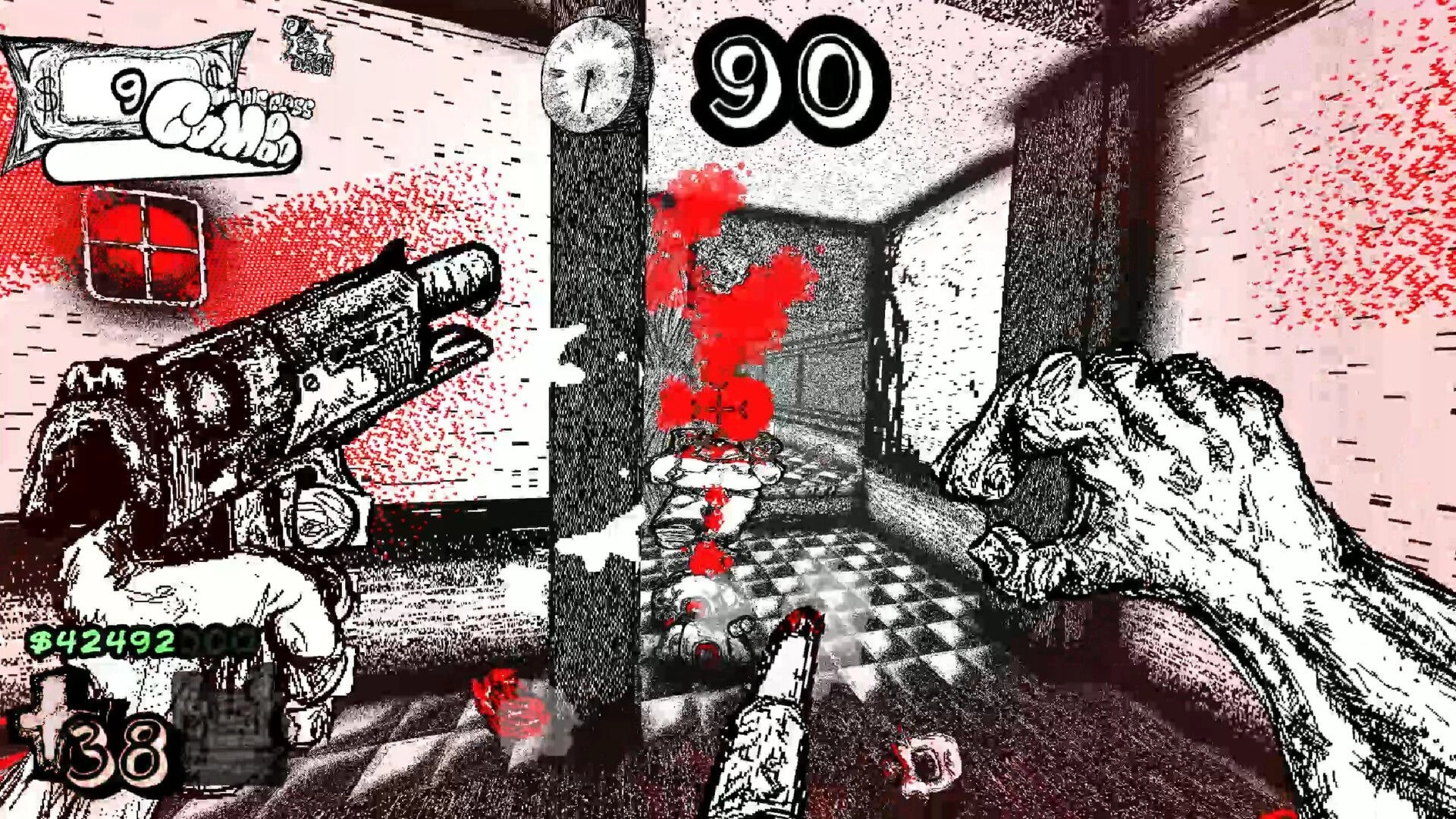 SCROOMAGE: First-person shotgun blast sprays red gore in a checkered hallway, 90 timer and cash HUD.
