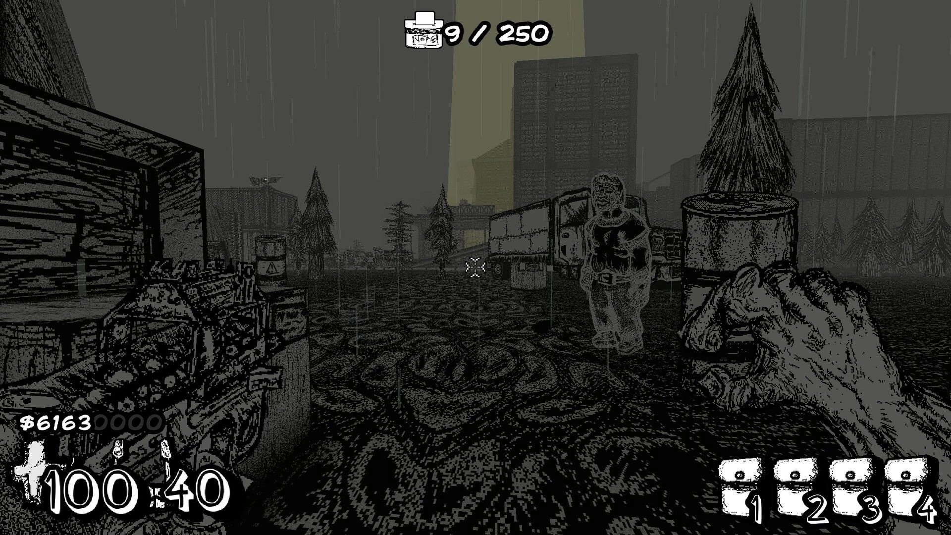 SCROOMAGE: First-person view aiming at a thug in rainy industrial yard, ammo and cash HUD visible.