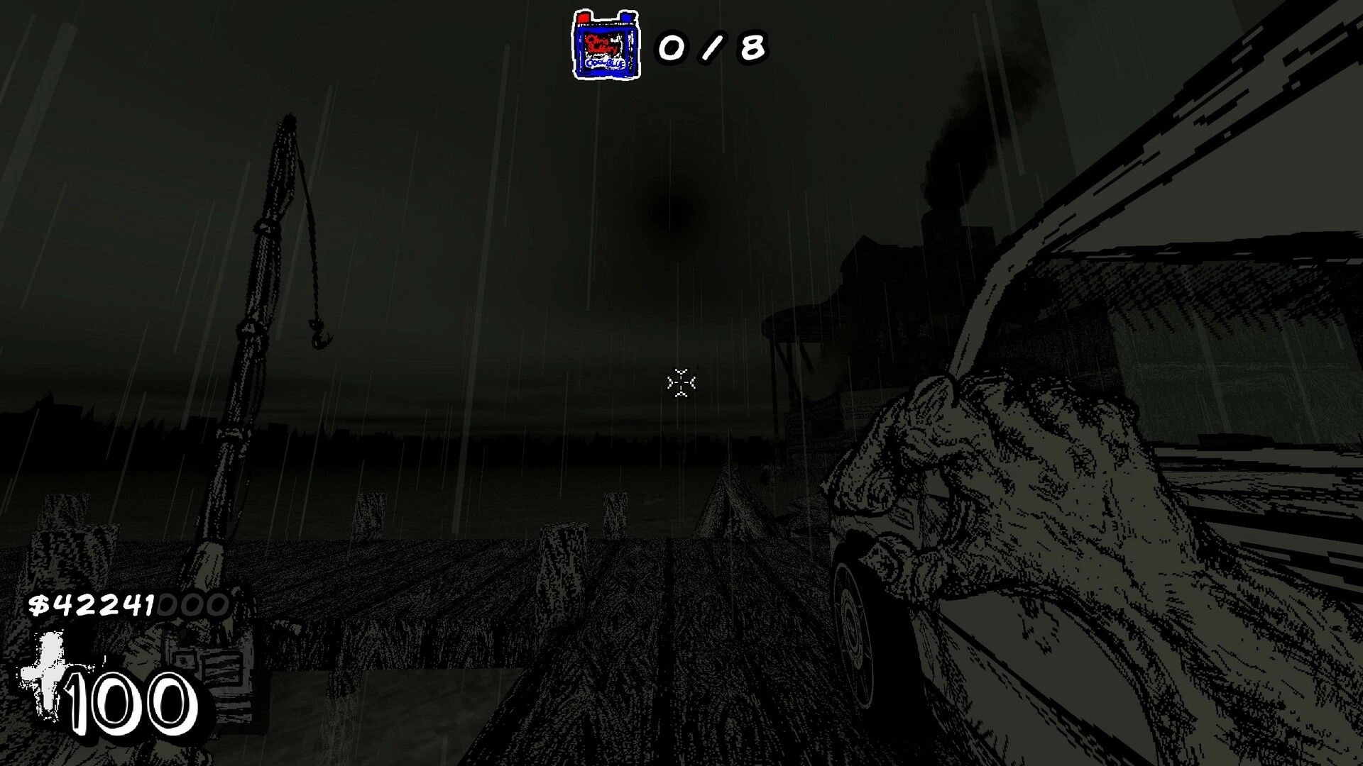 SCROOMAGE: First-person view holding a gun in heavy rain on a wooden pier, HUD shows 0/8 and 100.