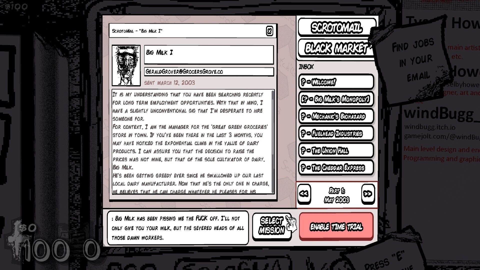 SCROOMAGE: Scrotomail inbox mission menu with Big Milk I email open, select mission and time trial UI.