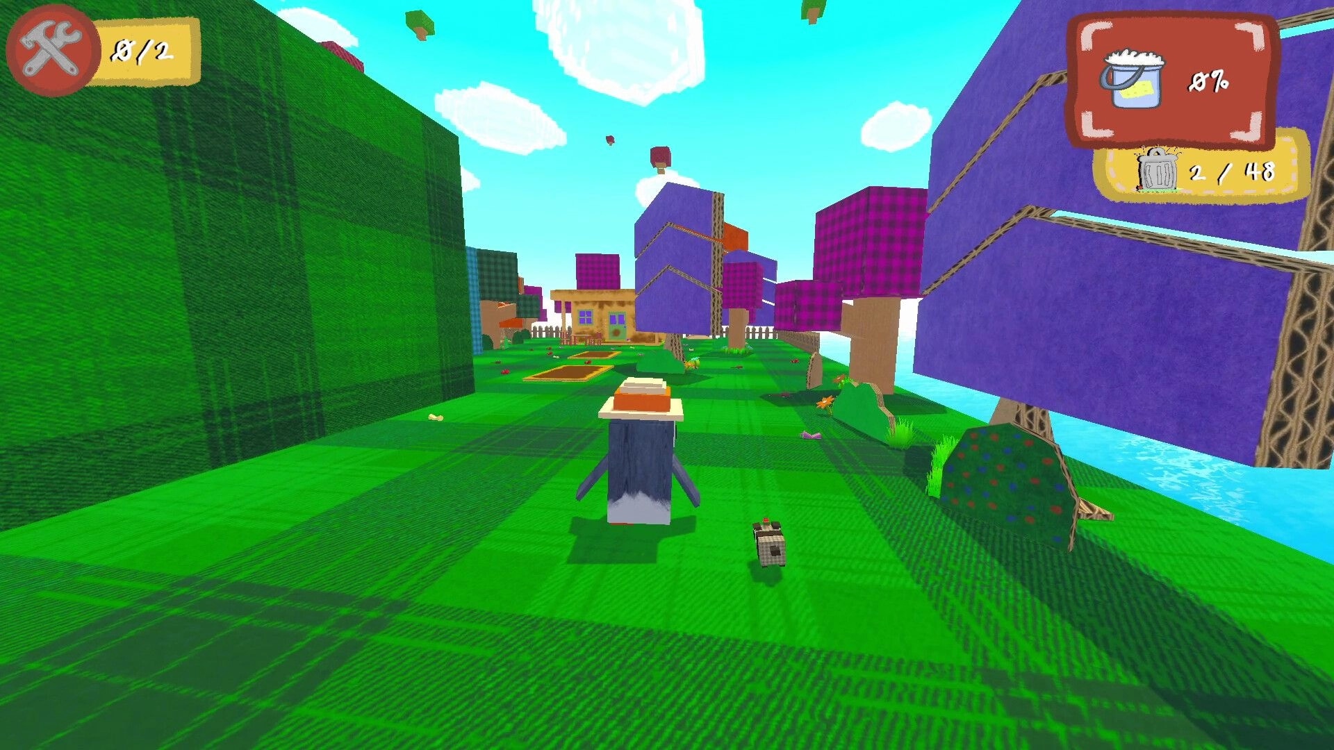 Scrub Dudes: Character exploring vibrant cardboard landscape with cleaning progress and inventory UI visible.