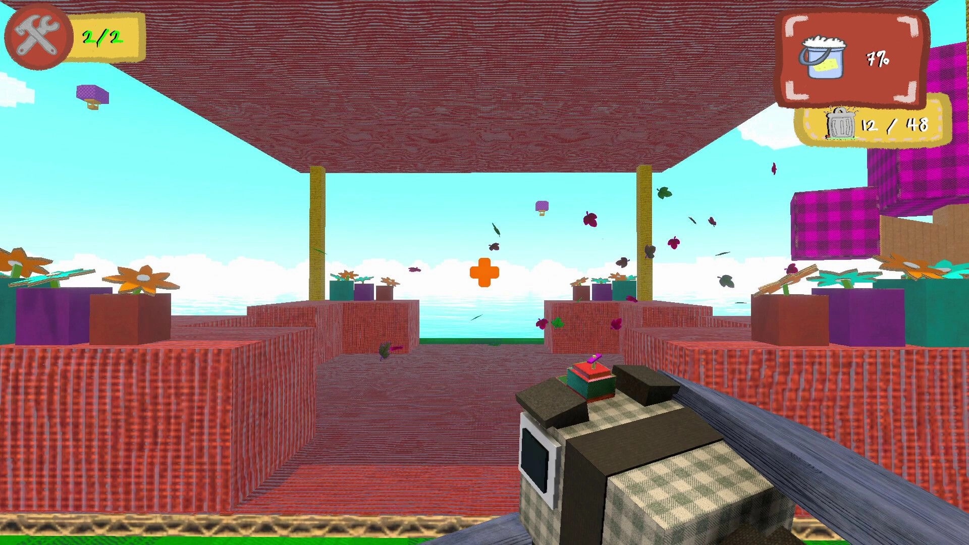 Scrub Dudes: First-person view navigating colorful cardboard walkway with trash counter and tool icons