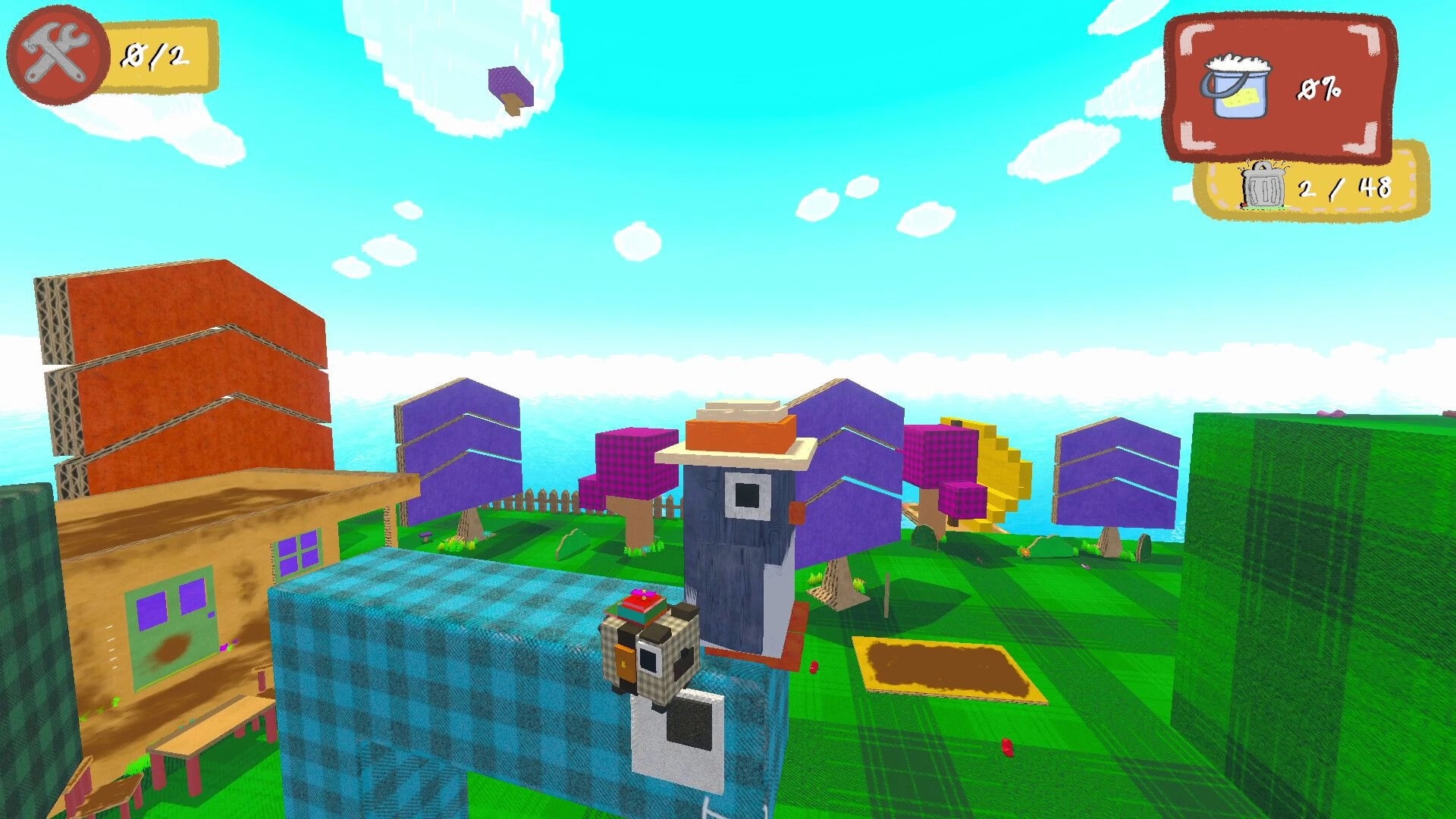 Scrub Dudes: Character navigating colorful fabric landscape with grime meter and toolbox UI elements