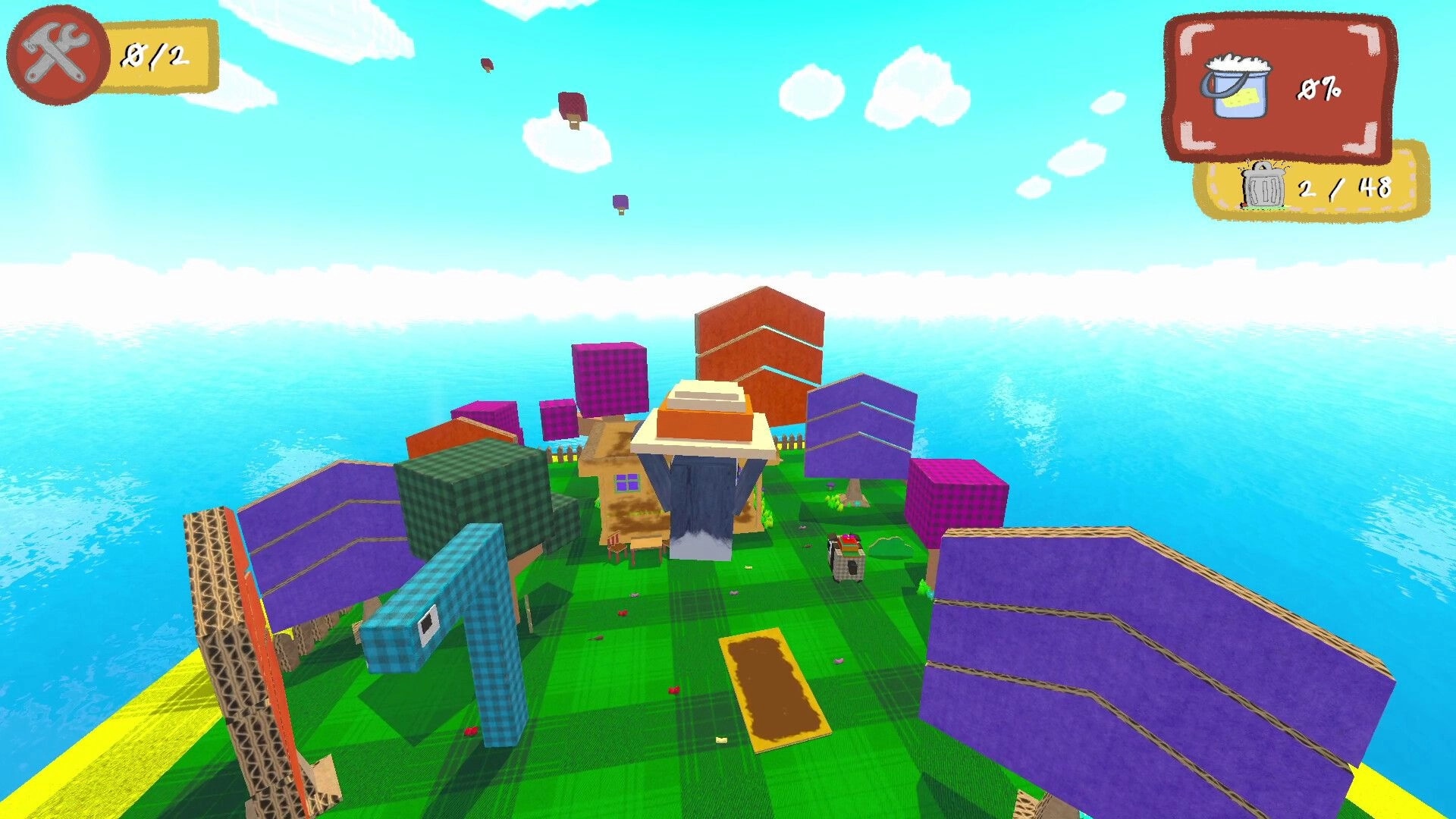Scrub Dudes: Colorful village with cardboard trees and UI showing tools and cleanliness percentage.