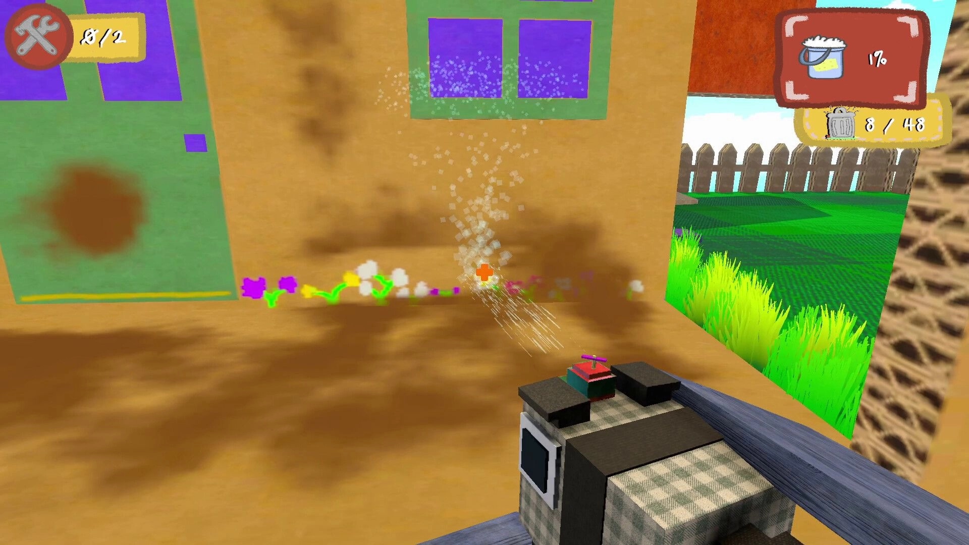 Scrub Dudes: Cleaning red cardboard wall with water gun, UI shows tools and cleaning progress