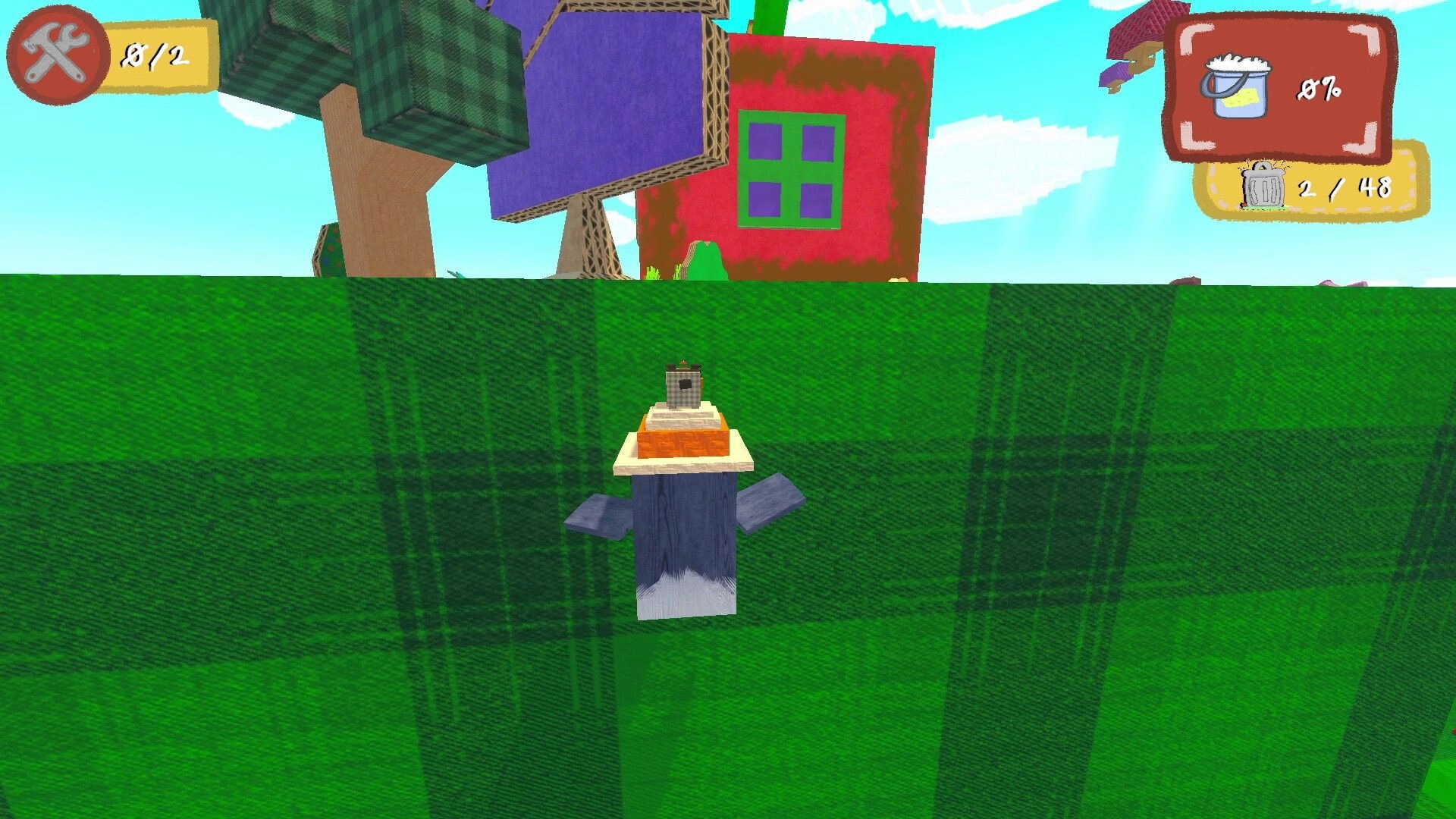 Scrub Dudes: Gliding character over grassy wall with UI showing tools and cleaning progress