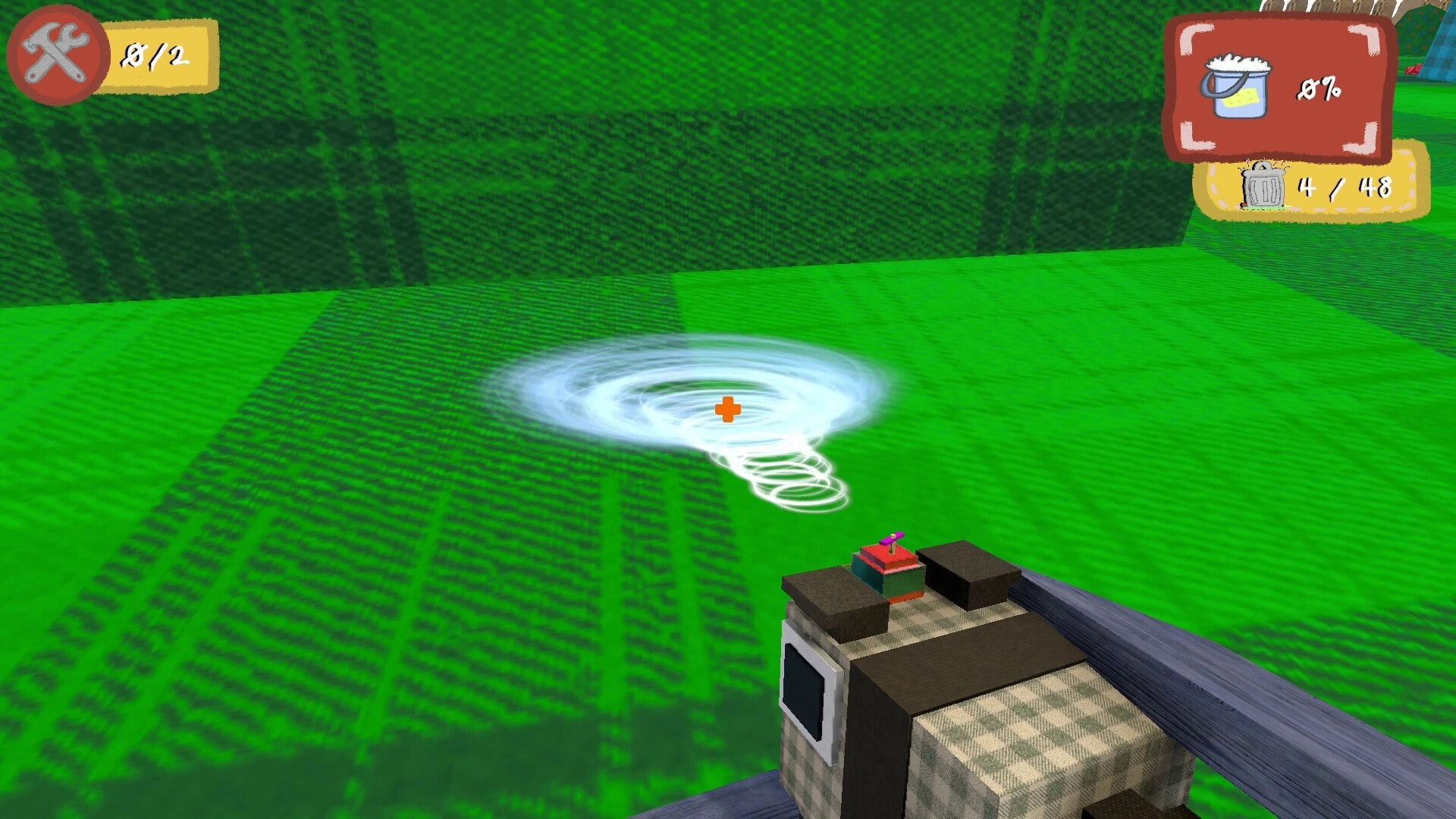 Scrub Dudes: Player navigating green fabric world with UI showing tools and cleaning progress