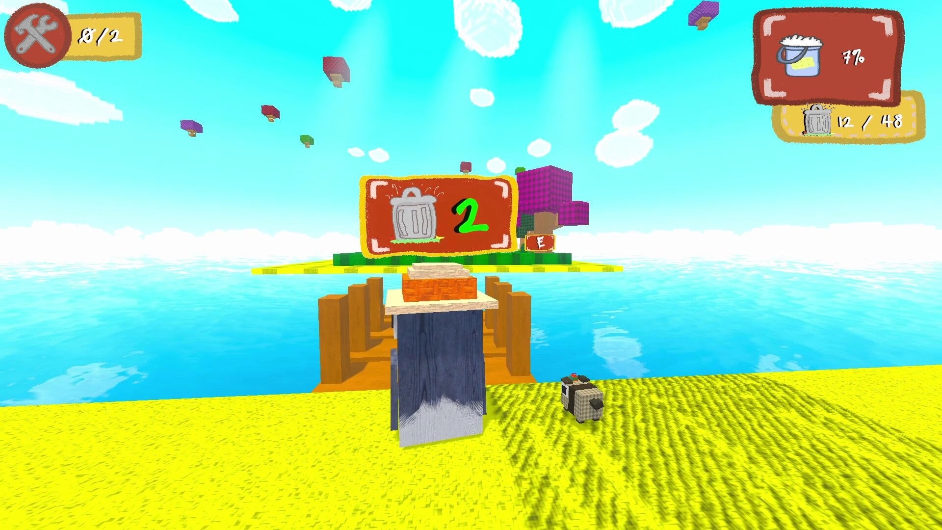 Scrub Dudes: Trash collection count on bridge overlooking colorful floating blocks and clear blue water