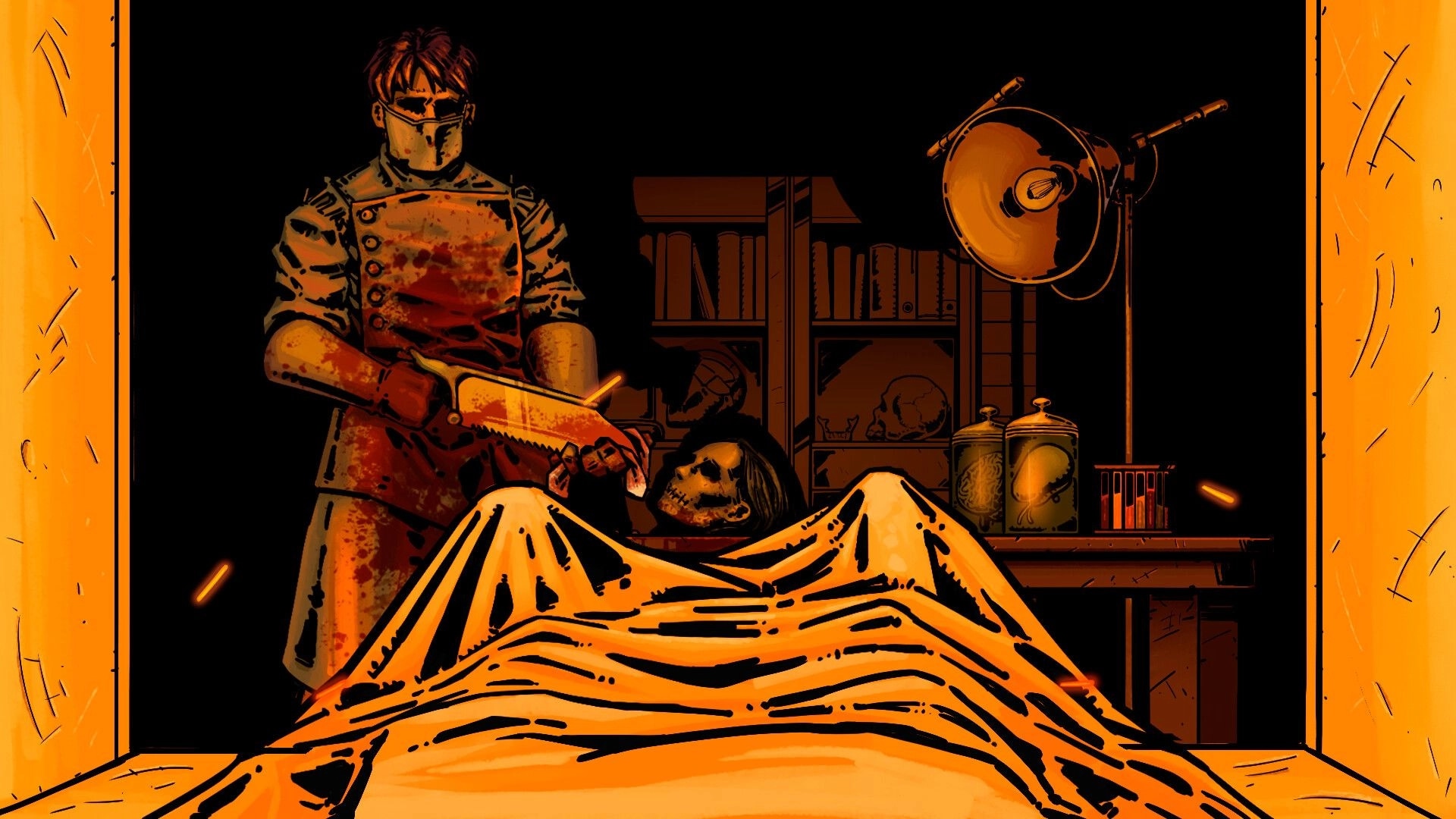 Scrutator Tenebris: Pathologist examines body with saw in dimly lit lab filled with jars and bookshelves