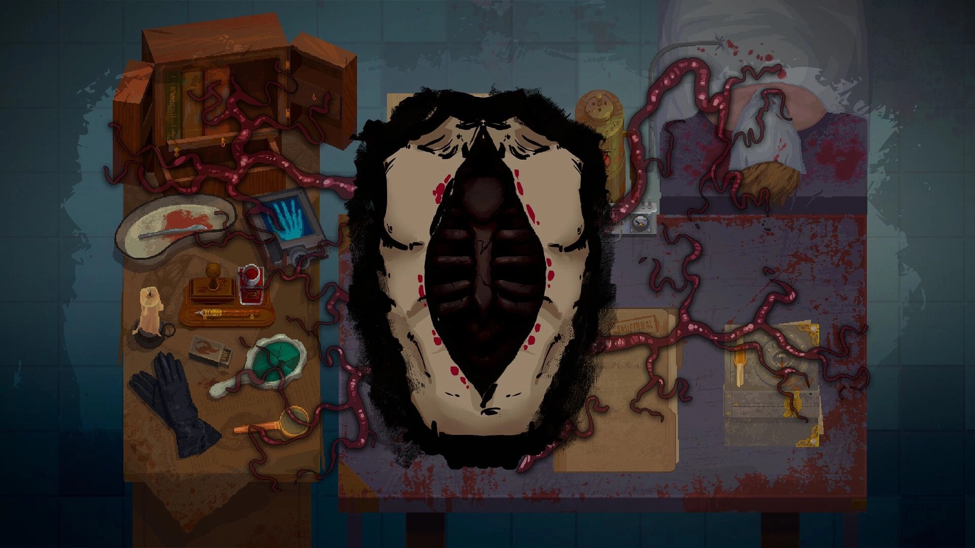 Scrutator Tenebris: Autopsy table with a dissected body, surgical tools, and mysterious tendrils in a lab.