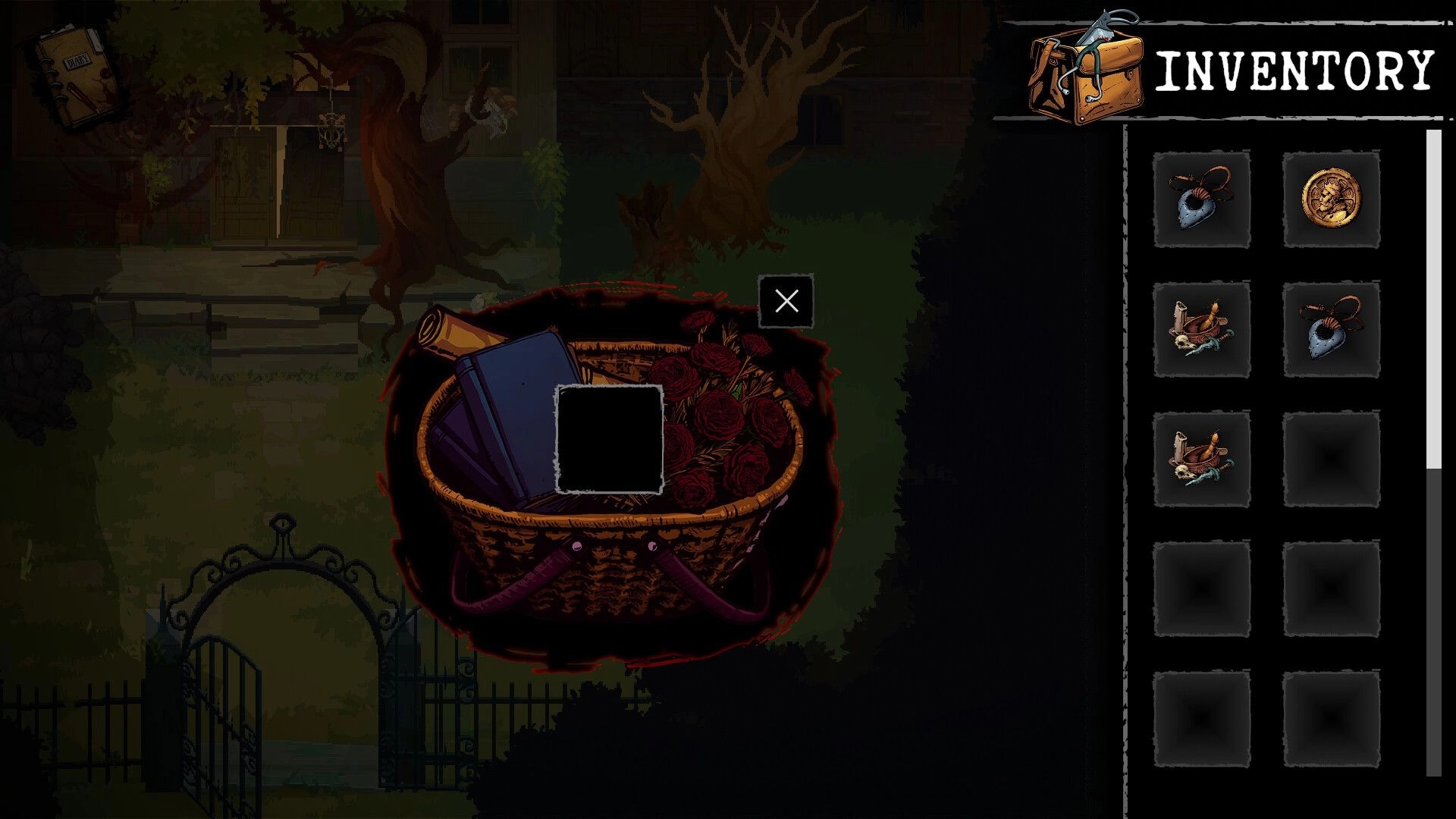 Scrutator Tenebris: Inventory menu open with basket of roses and notebook in front of eerie mansion entrance