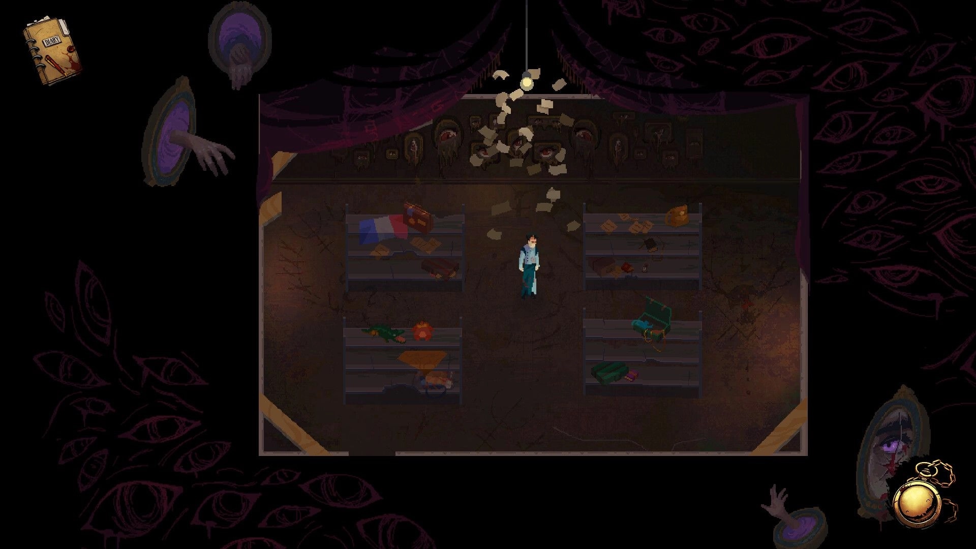 Scrutator Tenebris: Pathologist stands in eerie room with scattered documents and shelves of odd items.