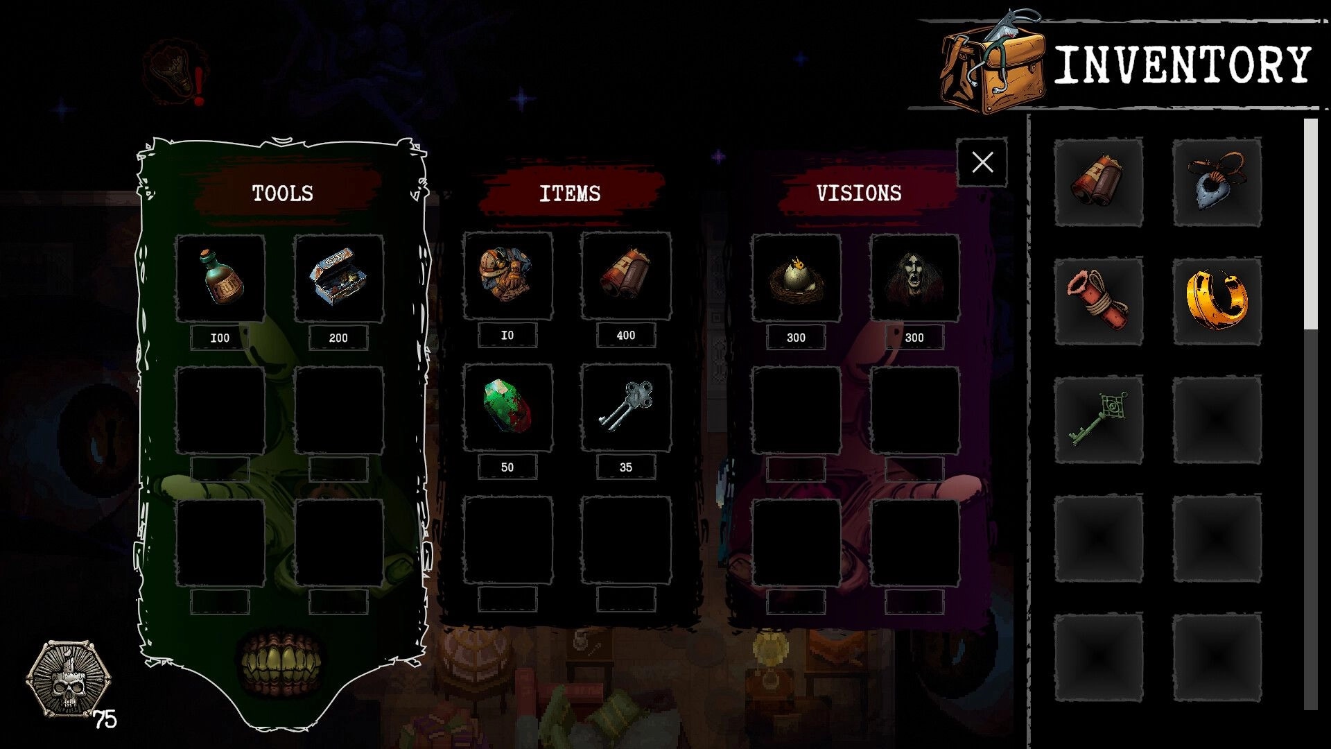 Scrutator Tenebris: Inventory screen with tools, items, and visions displayed in a dark, eerie interface.