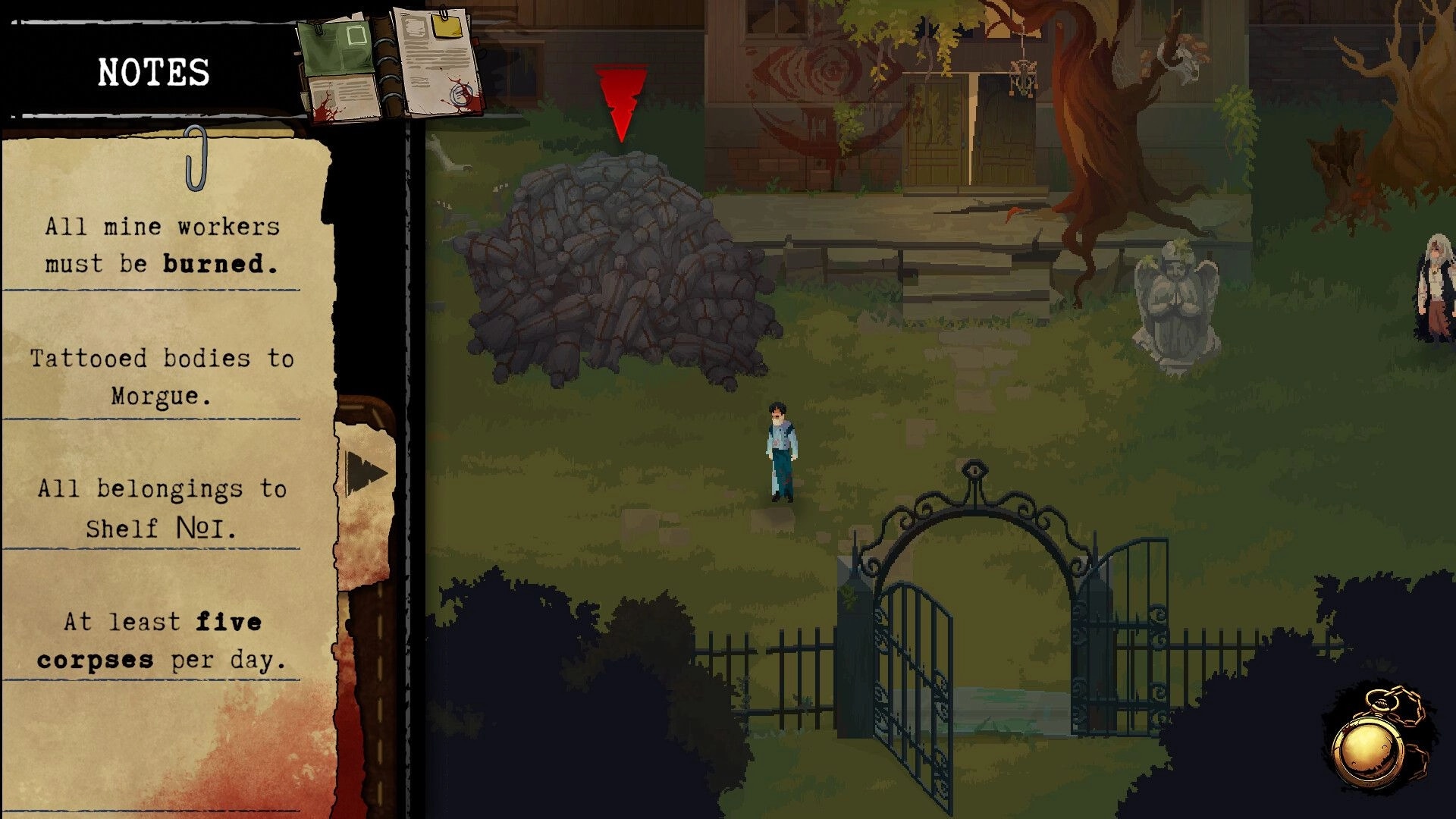 Scrutator Tenebris: Player examines notes and explores eerie mansion yard with statues and a woodpile.