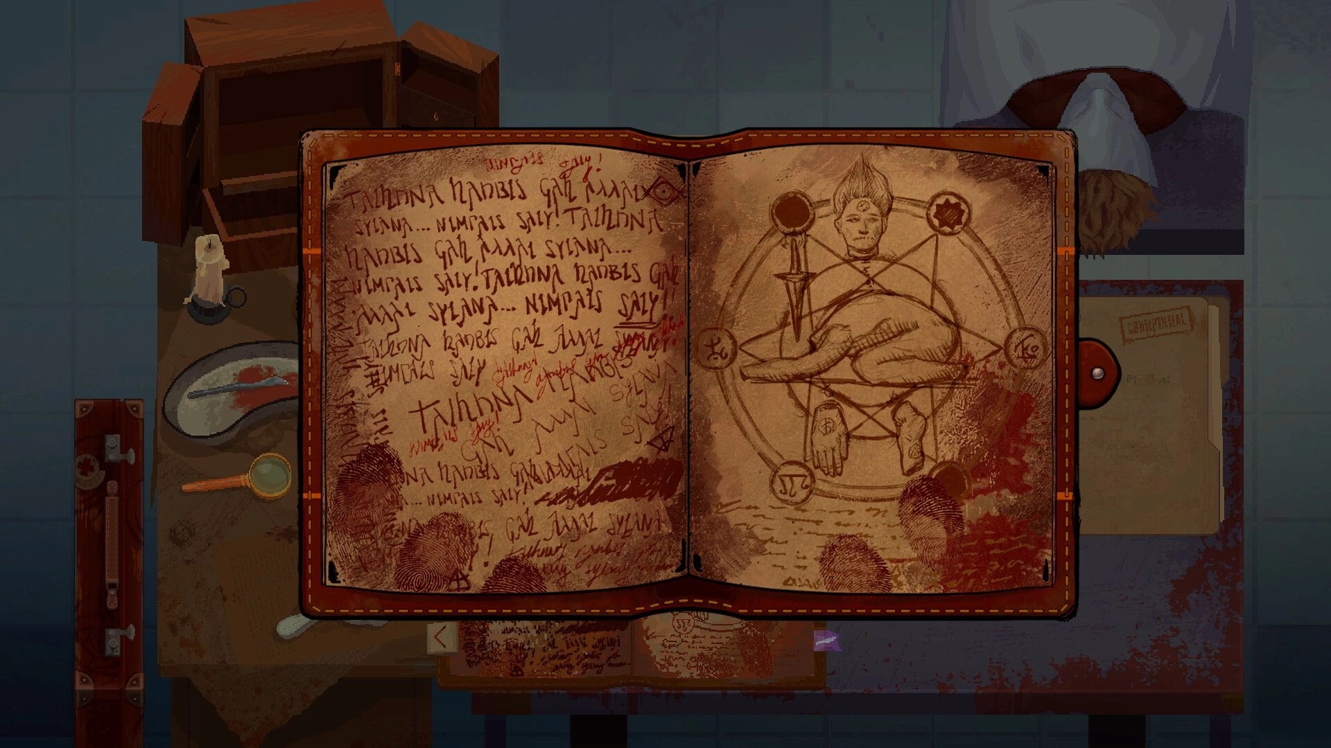 Scrutator Tenebris: Open book with cryptic symbols on a desk, surrounded by forensic tools in dim room