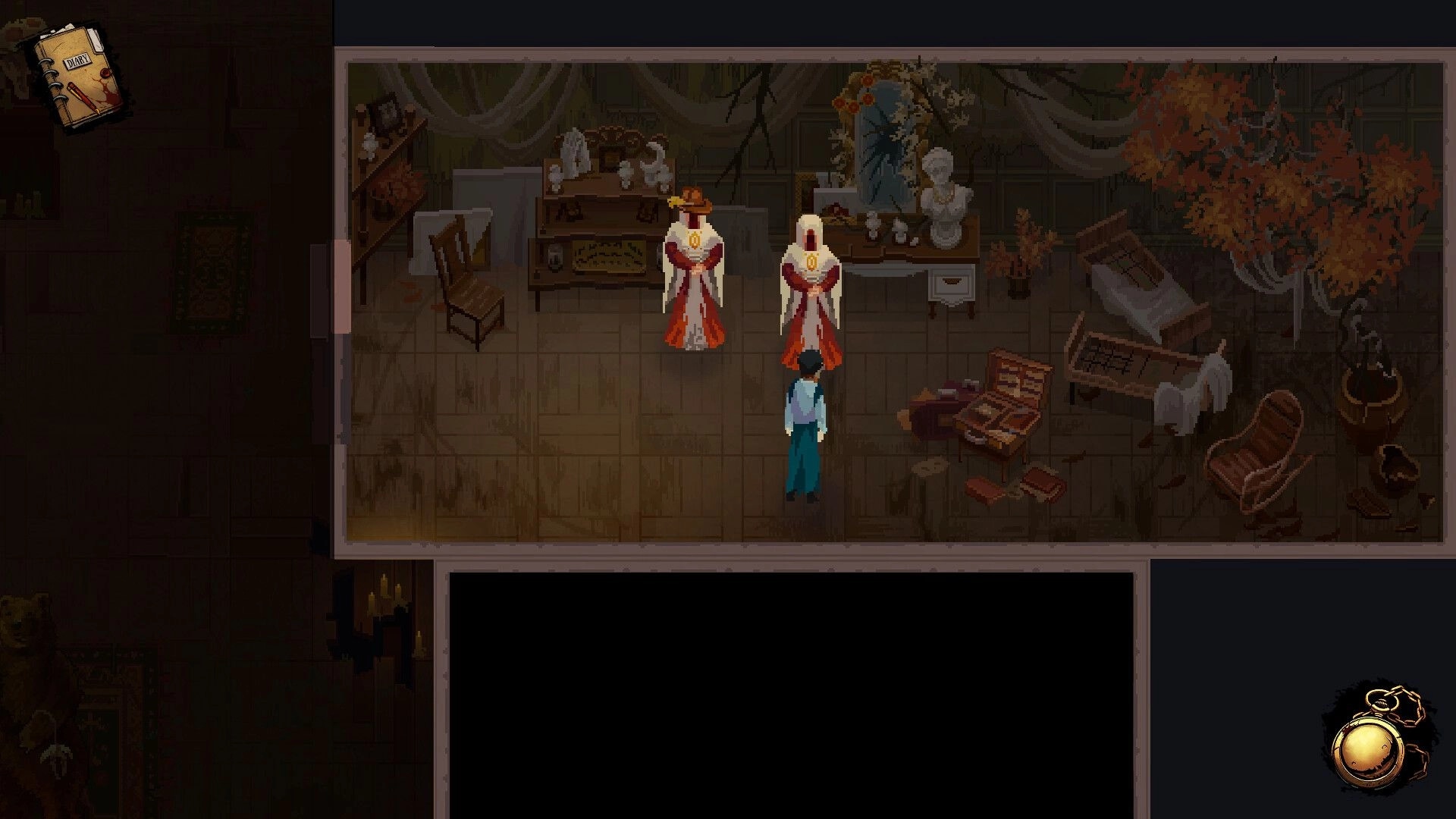 Scrutator Tenebris: Player confronts two robed figures in a cluttered room with antique furniture and decor