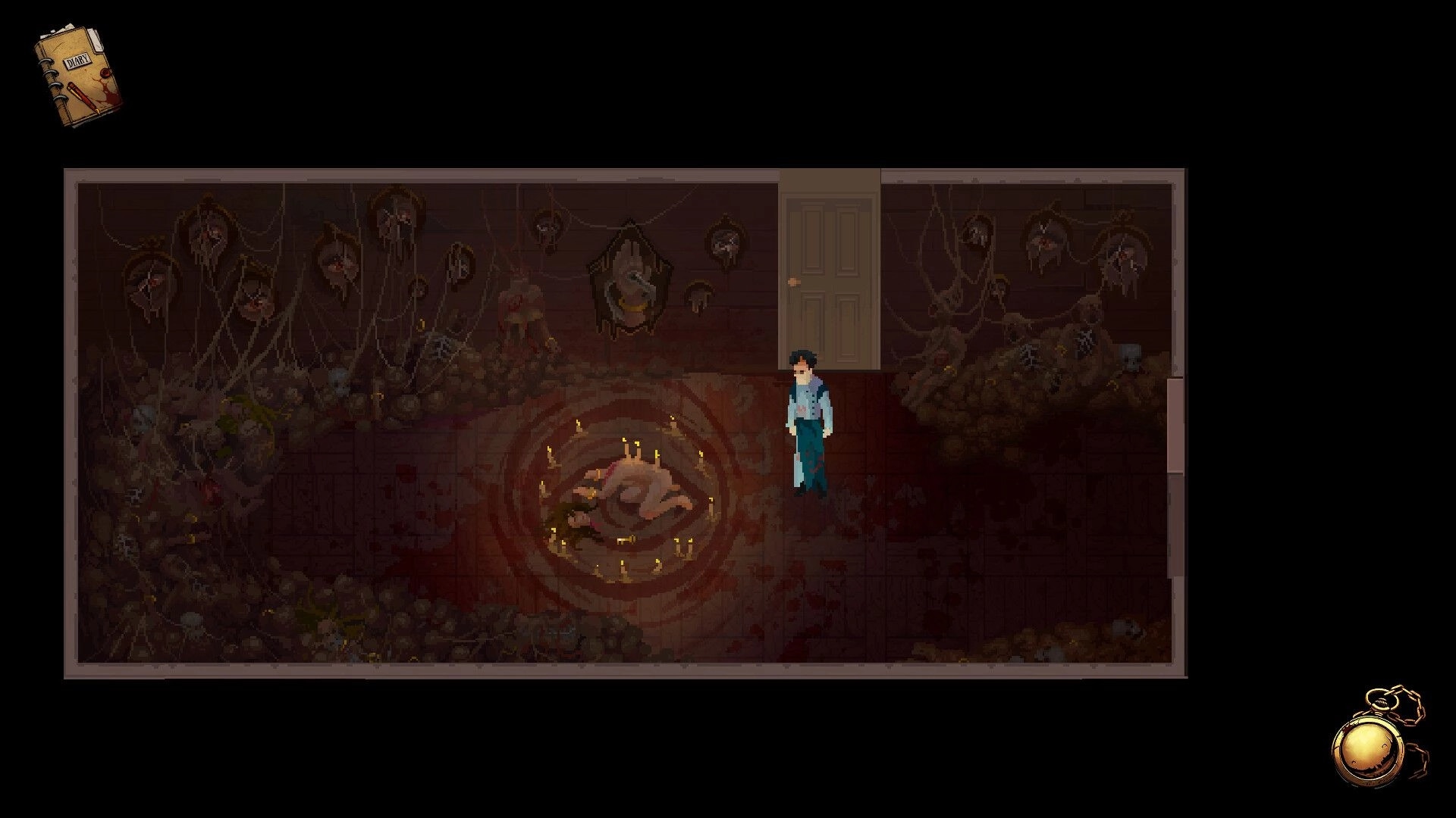 Scrutator Tenebris: Pathologist examines body in ritual circle in a dimly lit, eerie mansion room.