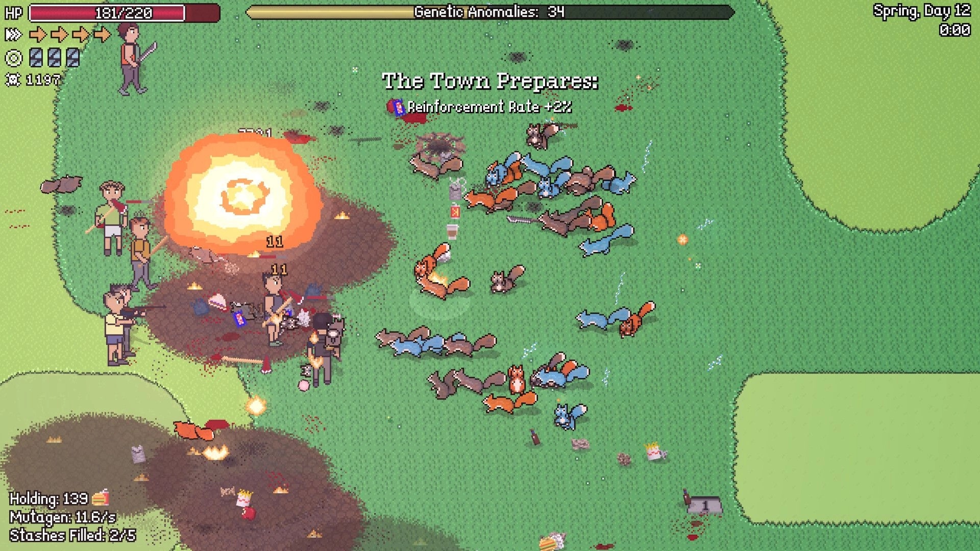 Scurry: Squirrel army charges humans as explosion occurs on golf course with UI health and stats visible