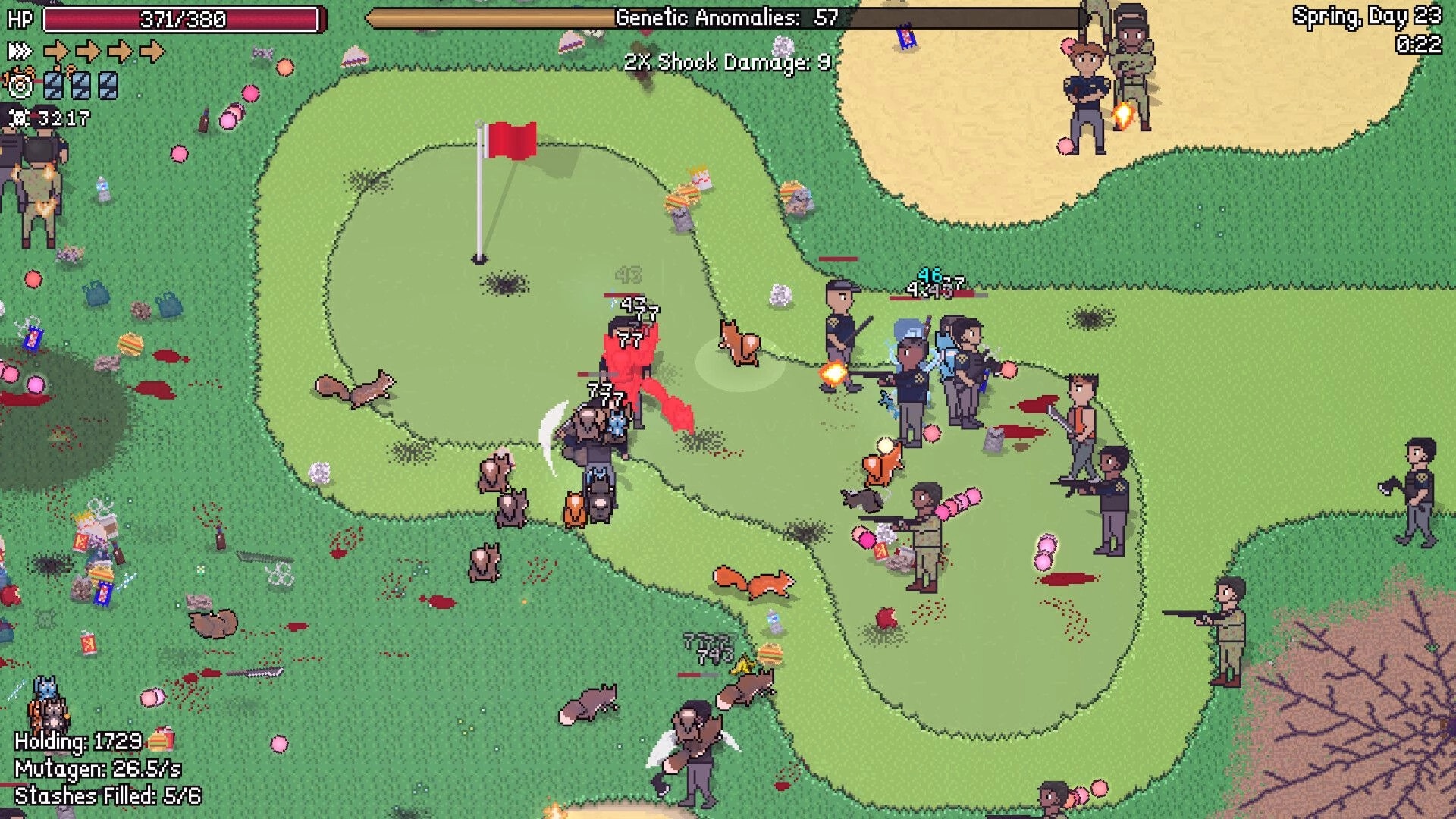 Scurry: Squirrel army battles humans on a chaotic golf course with debris and health bars visible