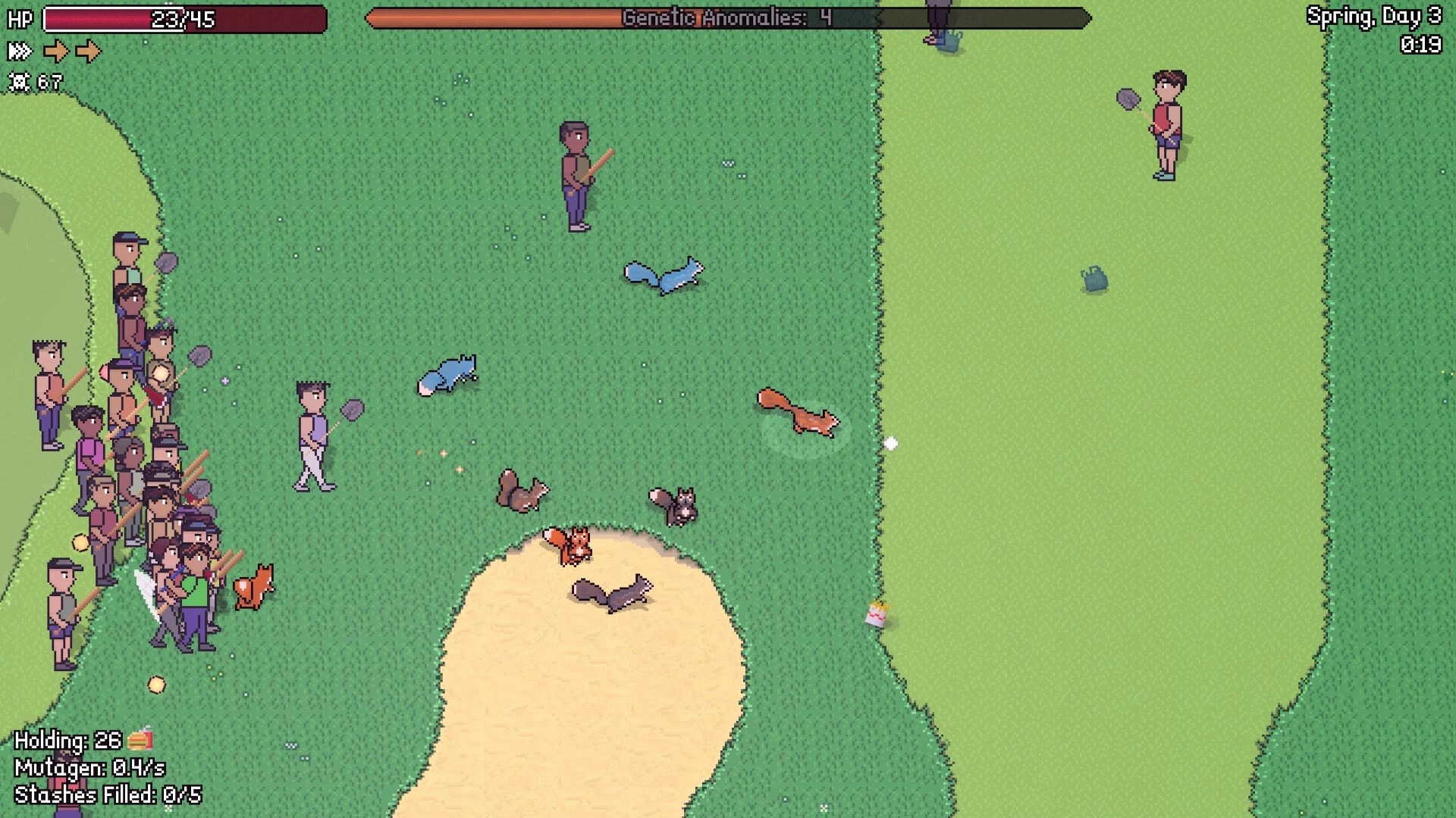 Scurry: Squirrel army confronts golfers on grass with UI showing HP, mutagen, and stash progress