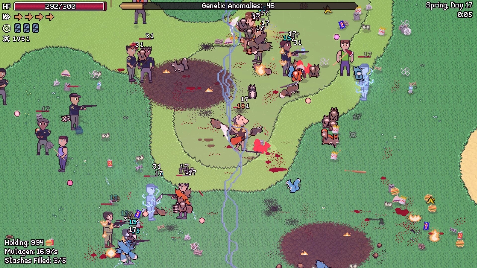 Scurry: Squirrels summon lightning amidst chaotic battle on a trash-strewn golf course with enemies.
