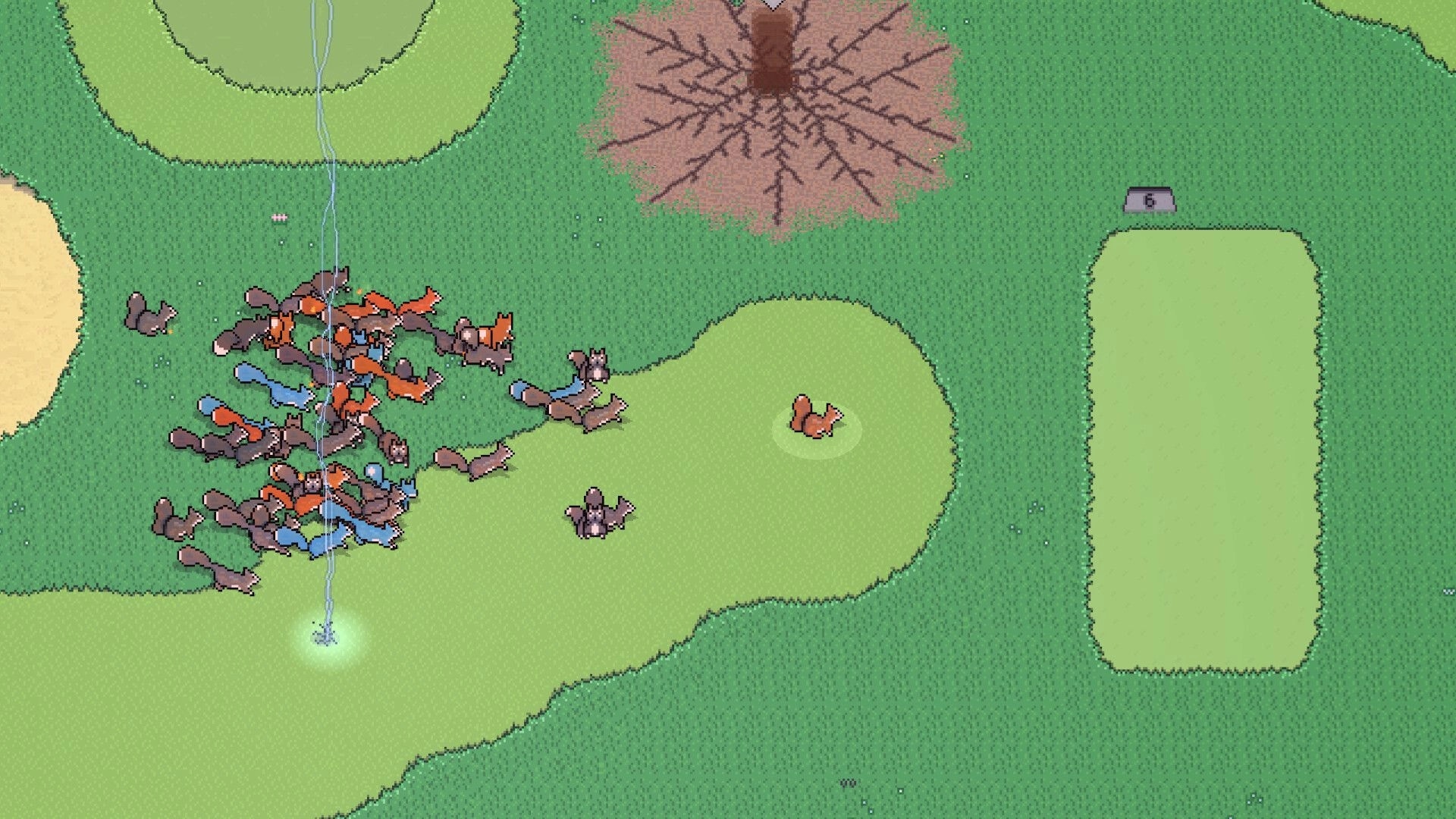 Scurry: Squirrel army gathers around a lightning strike on a vibrant golf course setting