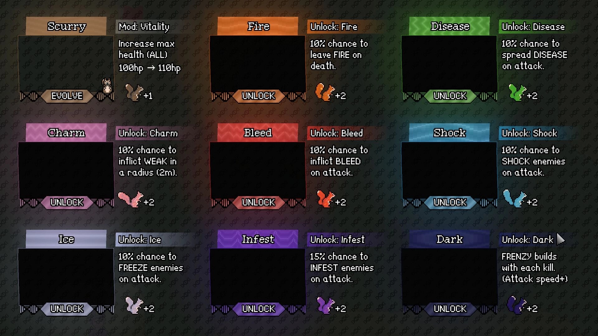 Scurry: Ability upgrade menu with options for Fire, Disease, Charm, Bleed, Shock, Ice, Infest, and Dark.